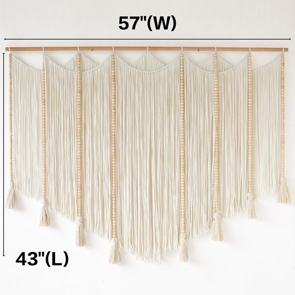 Jakalin Macrame Wall Hanging White Beads Boho Wall Decor for Living Room Bedroom or Nursery Texture Yarn Wall Art 57" W × 43" L