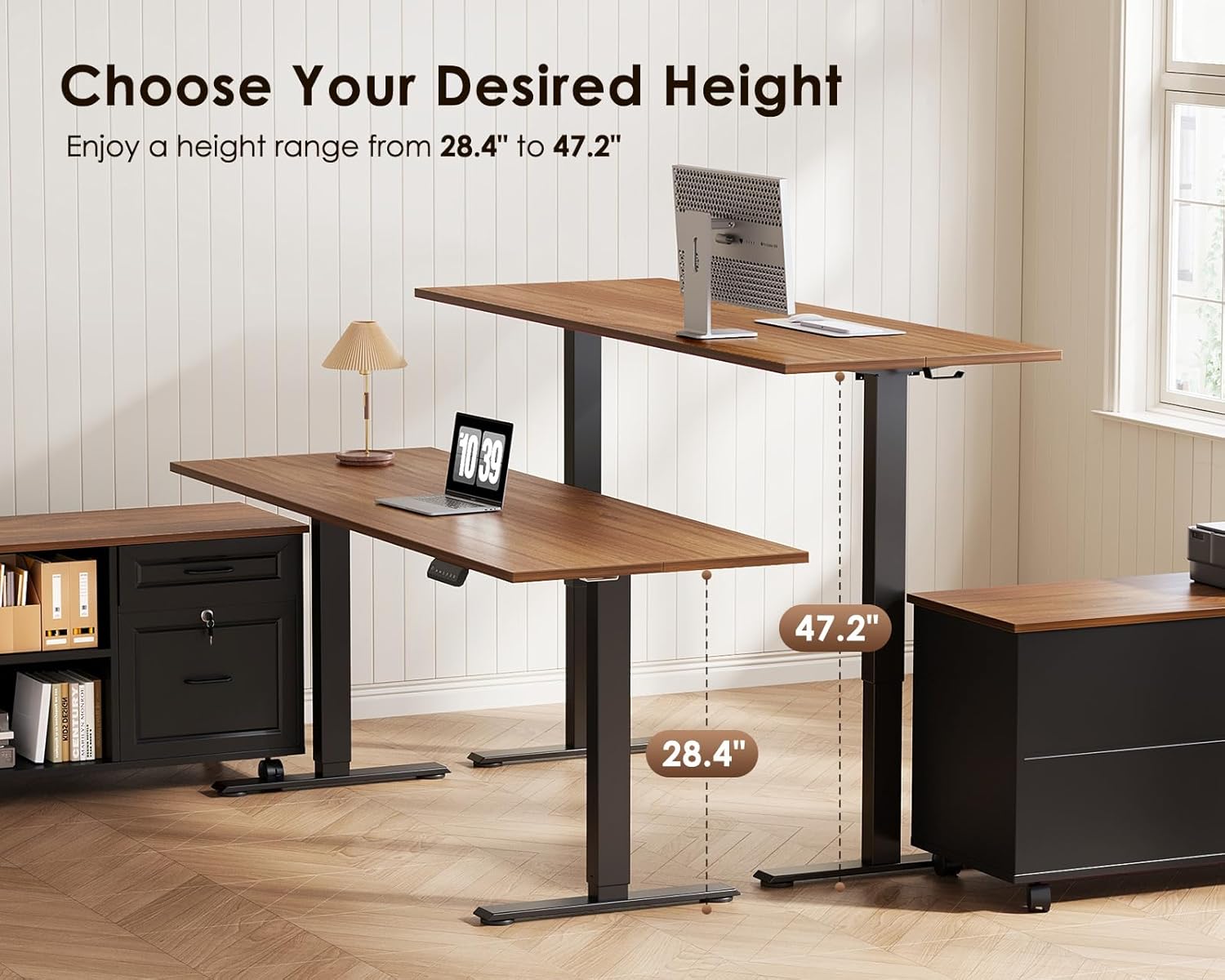OffiGo 55 Inch L Shaped Electric Standing Desk with Drawers & File Cabinet Sets, Executive Sit Stand Desk, Height Adjustable Computer Desk for Home Office, Writing, Workstation, Walnut+Black