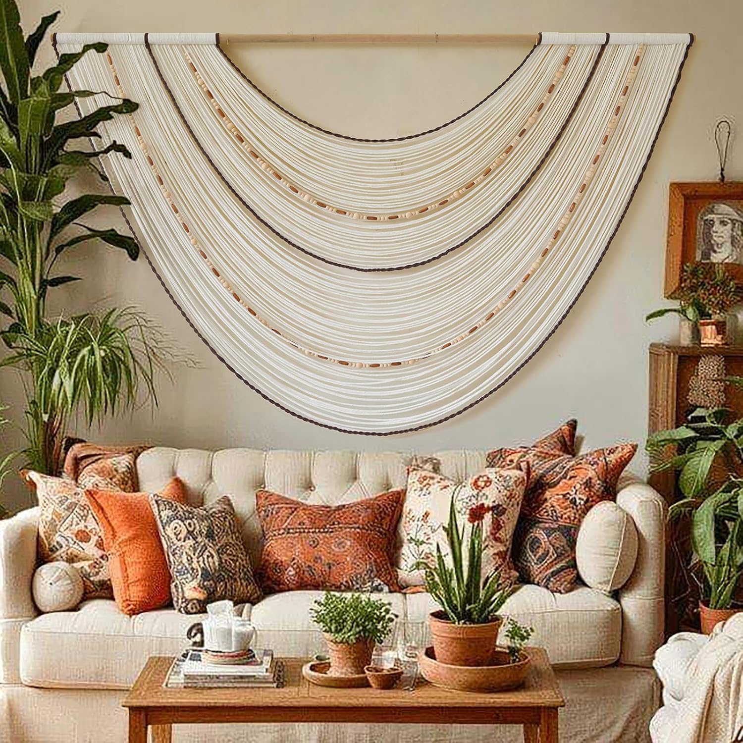 Flber Macrame Wall Hanging Handcrafted Boho Wall Decor Bead Woven Wall Hanging for Bedroom, Living Room, Entryway, Farmhouse or Nursery Bohemian Home Aesthetic 57"x35"