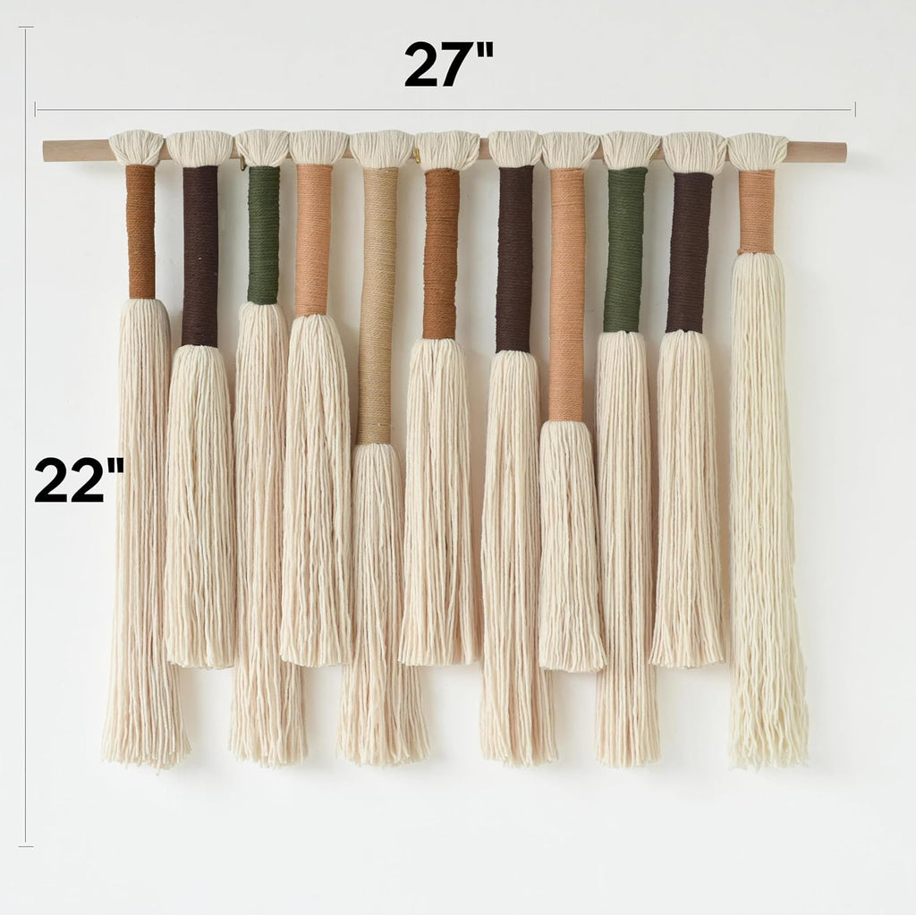 Macrame Wall Hanging Boho Home Decor Handmade Cotton Fiber Art with Neutral Ivory Tassels Modern Bohemian Wall Decor for Living Room Bedroom Apartment 27" W x 22" L