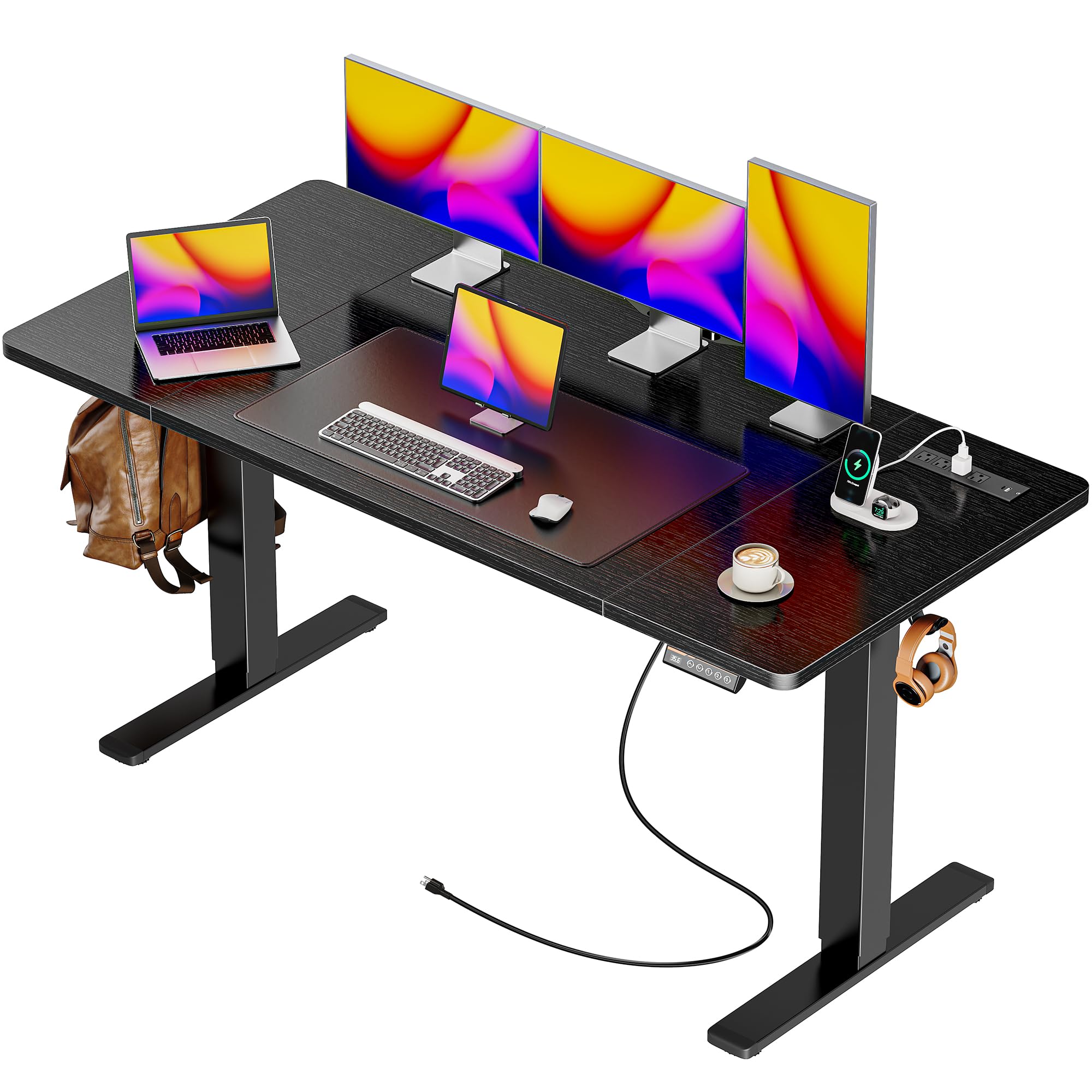 Huuger 55 x 28 Large Electric Standing Desk, Height Adjustable Computer Desk, 27.6" Deep Desktop, Stand up Gaming Office Desk with 2 Hooks, 3 Preset Heights, for Home Office, Rustic Brown