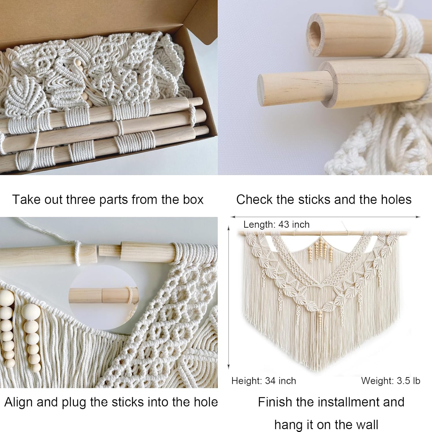 Achart Macrame Wall Hanging Large- Boho Wall Decor- large wall art- Wall Decor Living Room- Macrame Tapestry Boho Decor for Bedroom (Leaf &Wood Bead)