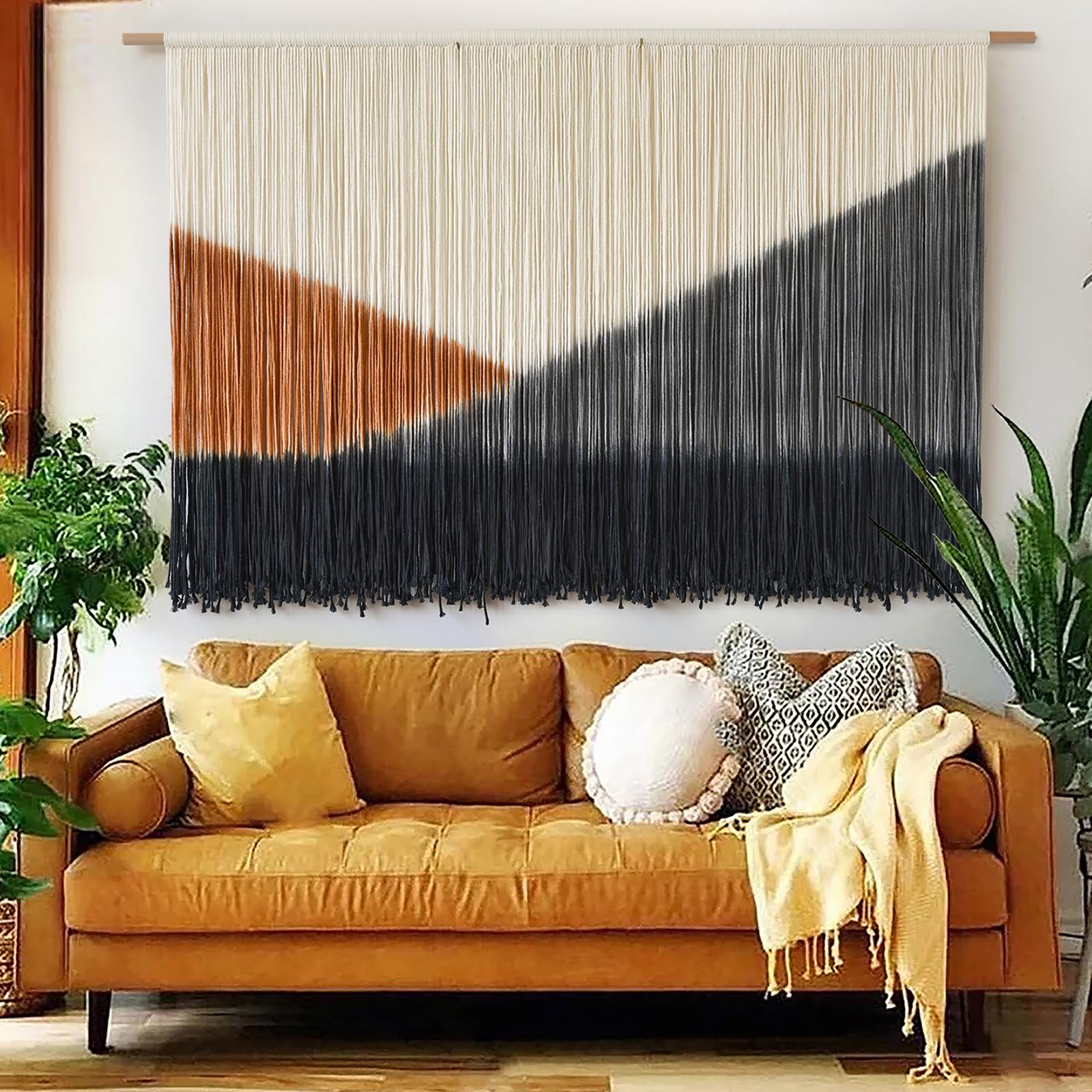 Flber Macrame Wall Hanging Boho Wall Art Beads Tassels Modern for Living Room Bedroom Large Geometric Wall Decor 57" W x 39" L