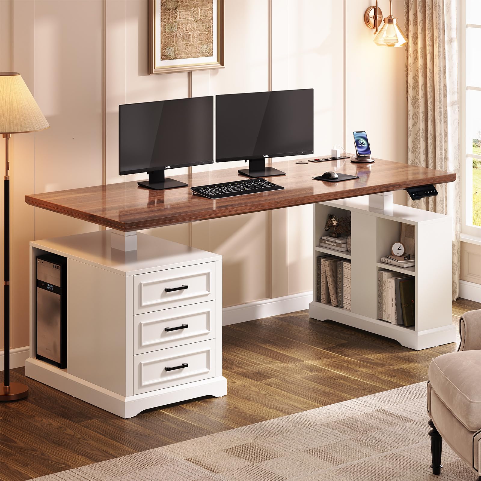 SEDETA Farmhouse Electric Standing Desk, 63" Height Adjustable Computer Desk with 3 Drawers, Storage Shelves, Power Outlets, Wood Home Office Stand up Desk for Work, Study, Writing, Black