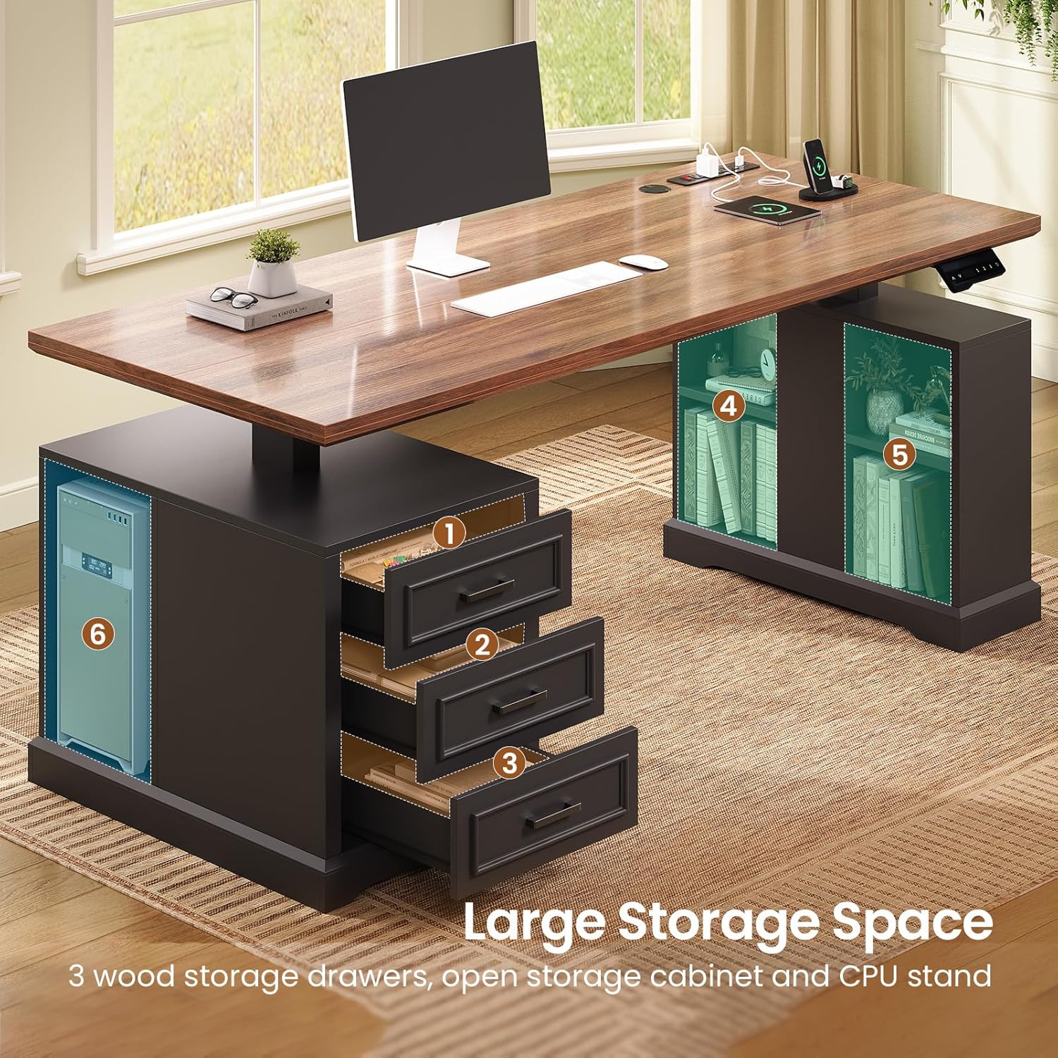 SEDETA Farmhouse Electric Standing Desk, 63" Height Adjustable Computer Desk with 3 Drawers, Storage Shelves, Power Outlets, Wood Home Office Stand up Desk for Work, Study, Writing, Black