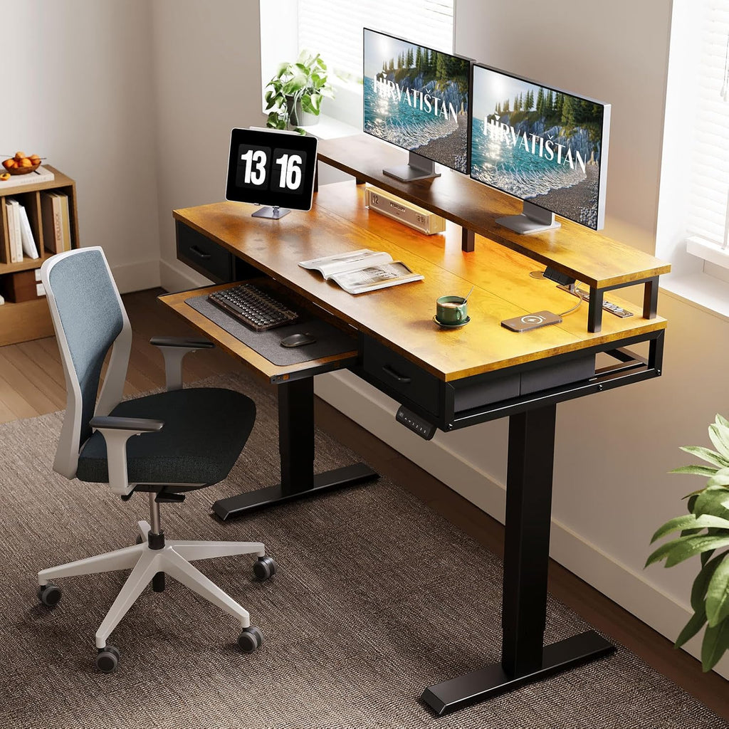 AODK Electric Standing Desk with Drawers & Keyboard Tray, 55 Inch Height Adjustable Gaming Desk with Power Outlets & LED Lights, Sit Stand Table with Monitor Stand for Home, Office, Rustic Brown