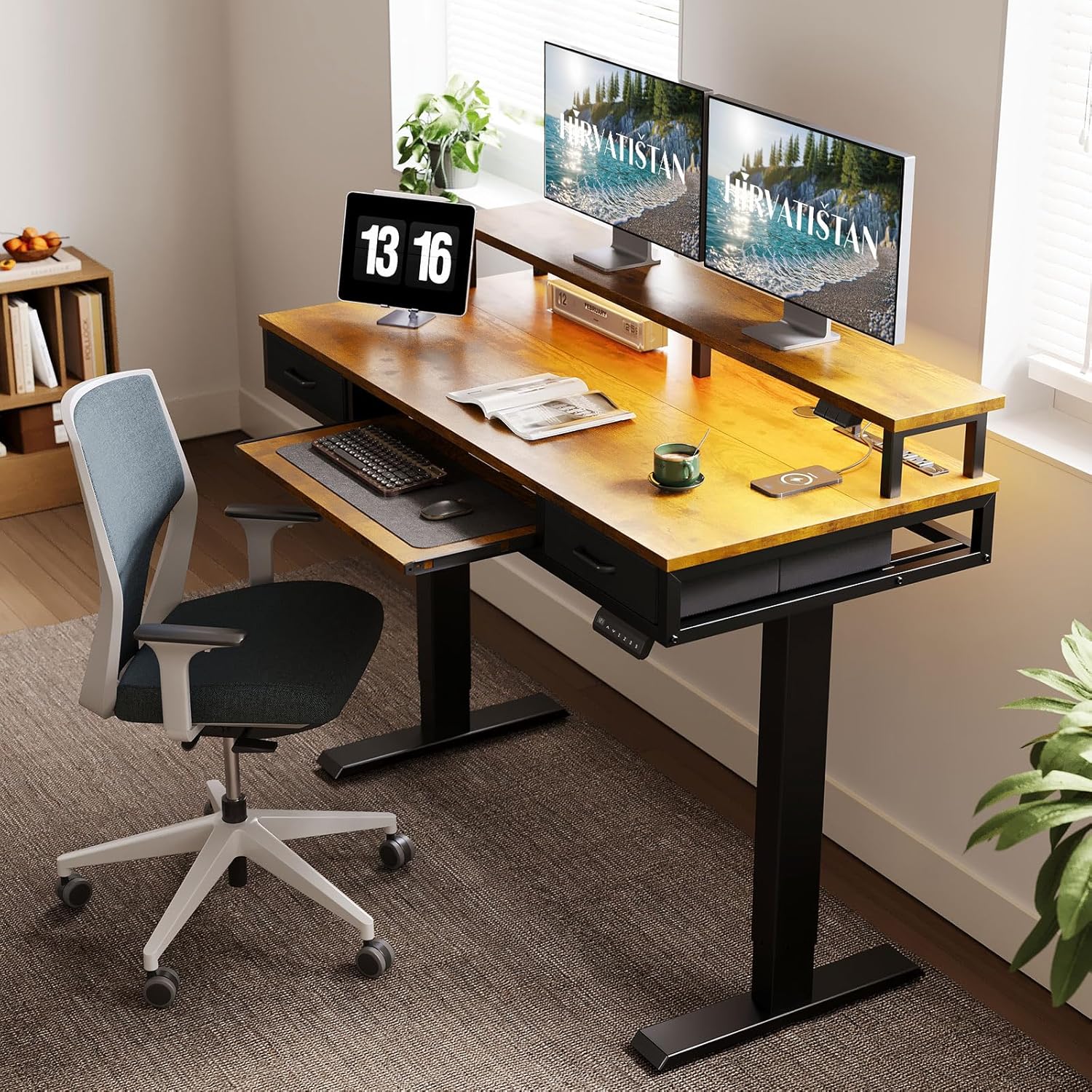 AODK Electric Standing Desk with Drawers & Keyboard Tray, 55 Inch Height Adjustable Gaming Desk with Power Outlets & LED Lights, Sit Stand Table with Monitor Stand for Home, Office, Rustic Brown