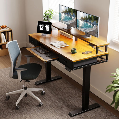 AODK Electric Standing Desk with Drawers & Keyboard Tray, 55 Inch Height Adjustable Gaming Desk with Power Outlets & LED Lights, Sit Stand Table with Monitor Stand for Home, Office, Rustic Brown