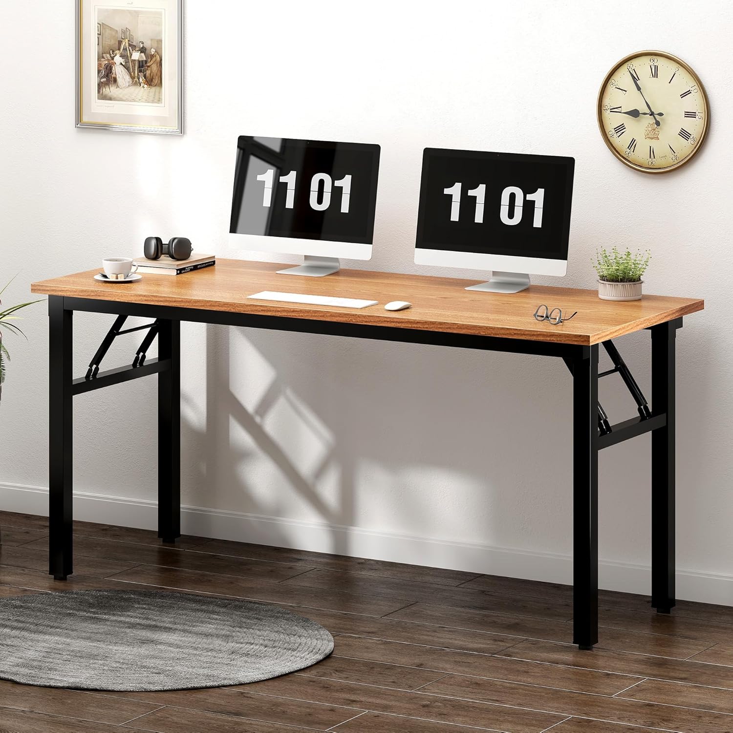 Need Folding Desk, 54 inch Large Computer Desk for Home Office, No Install Needed Study Student Writing Table Desk Workstation, Teak Black