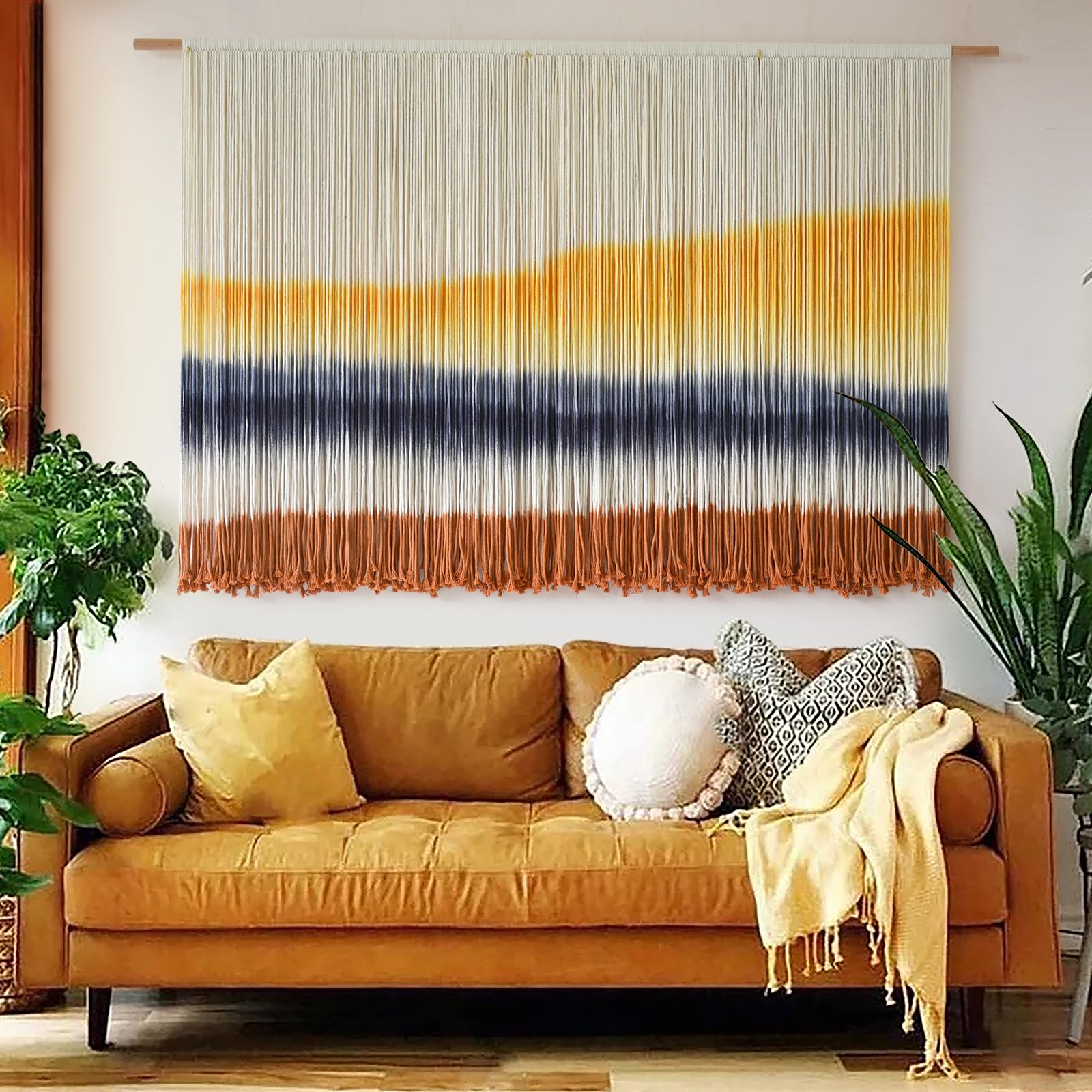 Flber Macrame Wall Hanging Boho Wall Art Beads Tassels Modern for Living Room Bedroom Large Geometric Wall Decor 57" W x 39" L