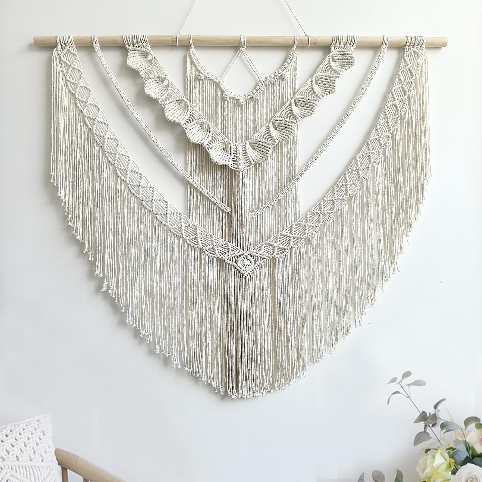 Achart Macrame Wall Hanging Large- Boho Wall Decor- large wall art- Wall Decor Living Room- Macrame Tapestry Boho Decor for Bedroom (Leaf &Wood Bead)