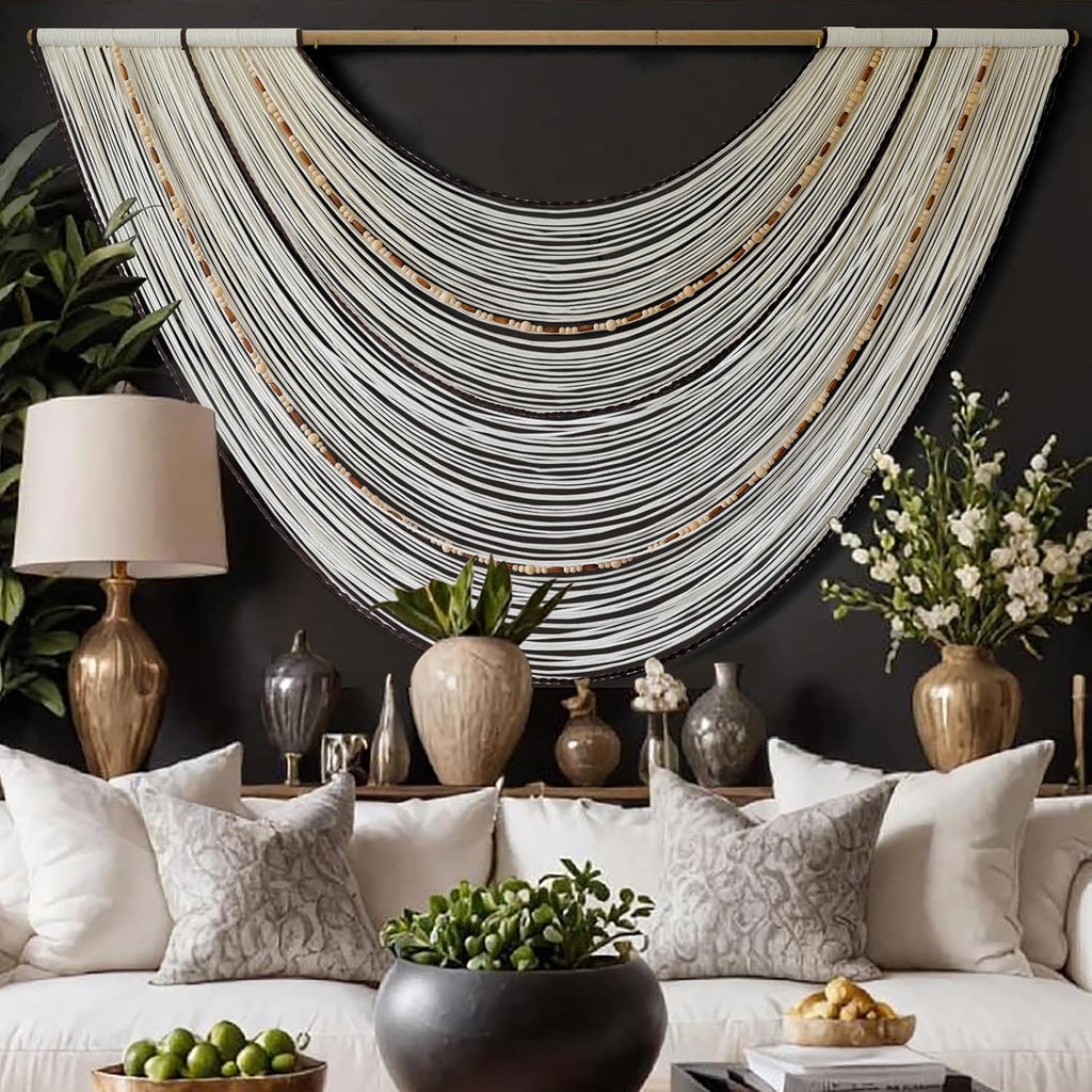 Flber Macrame Wall Hanging Handcrafted Boho Wall Decor Bead Woven Wall Hanging for Bedroom, Living Room, Entryway, Farmhouse or Nursery Bohemian Home Aesthetic 57"x35"