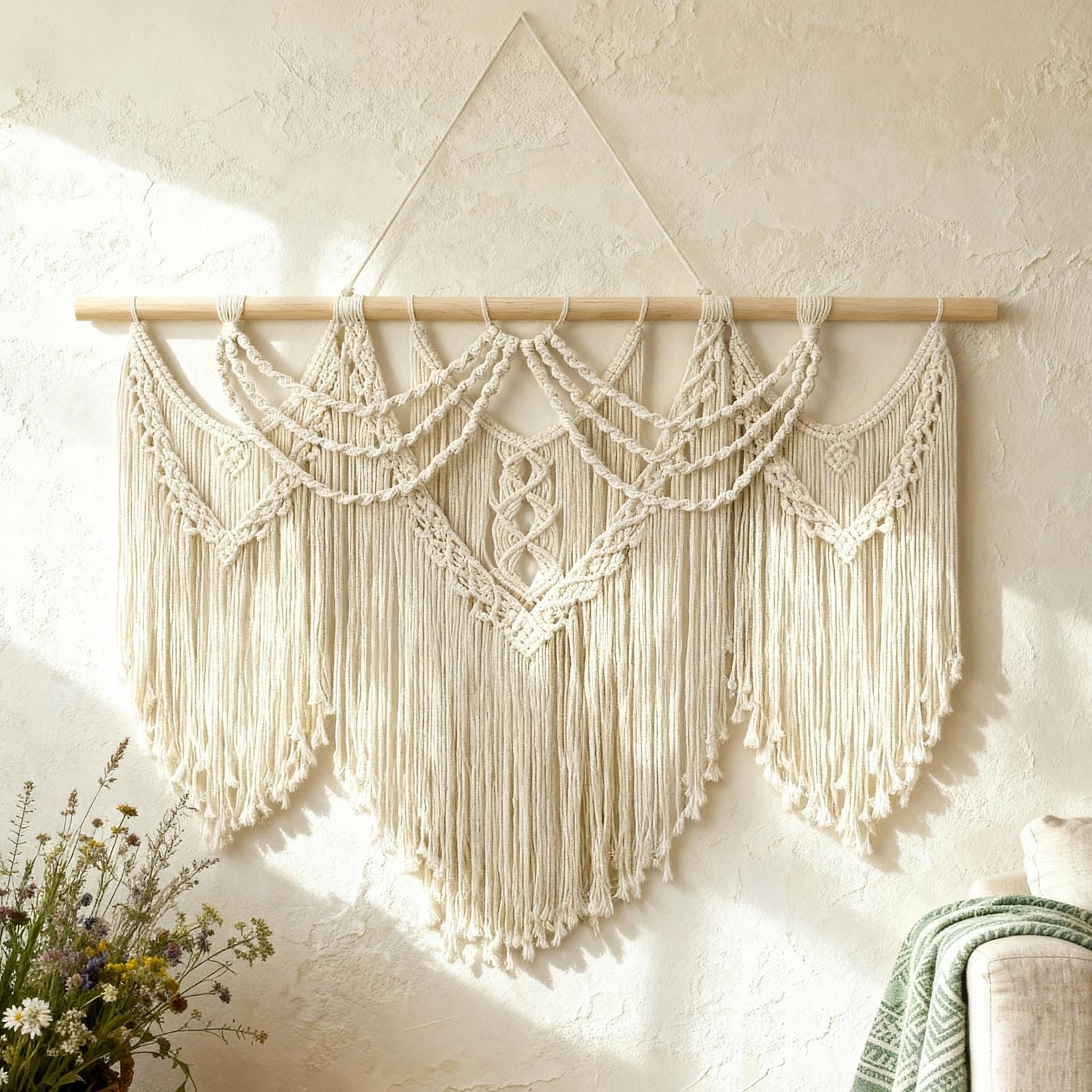Tempospark Large Macrame Wall Hanging, 43" Wx32 L Boho Wall Hangings for Living Room Bedroom Nursery, Boho Chic Large Macrame Tapestry for Bedroom Wall Decor (Leaf Bead)