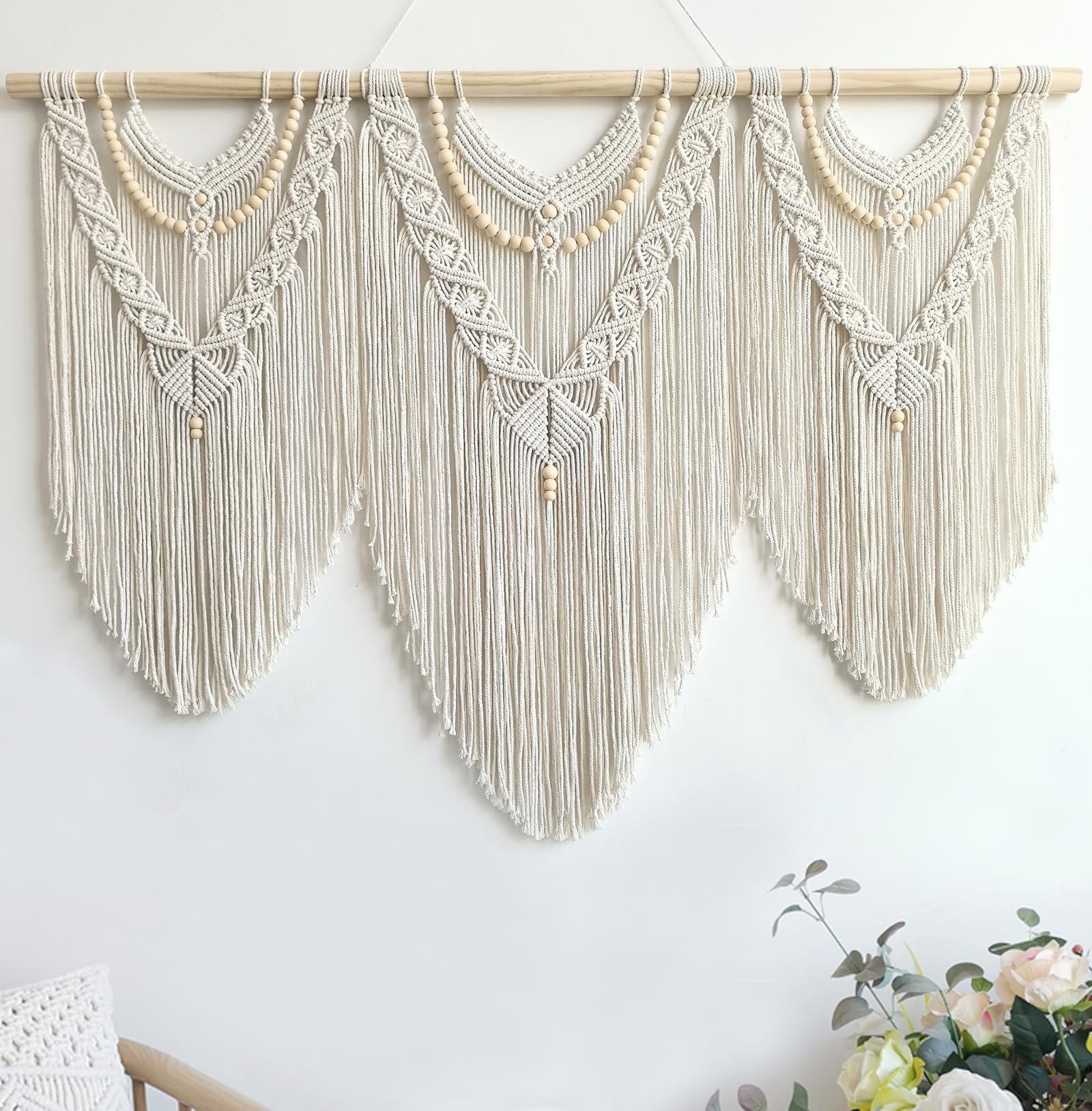 Achart Macrame Wall Hanging Large- Boho Wall Decor- large wall art- Wall Decor Living Room- Macrame Tapestry Boho Decor for Bedroom (Leaf &Wood Bead)