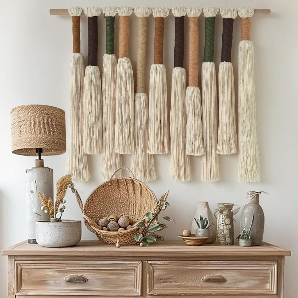 Macrame Wall Hanging Boho Home Decor Handmade Cotton Fiber Art with Neutral Ivory Tassels Modern Bohemian Wall Decor for Living Room Bedroom Apartment 27" W x 22" L
