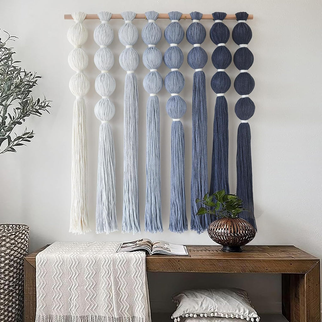 IOWER Macrame Wall Hanging Blue Yarn Wall Art Tassel Wall Decor with Knotted Ball Design Bohemian Wall Decor for Living Room Bedroom Home Backdrop 27" W x 39" L