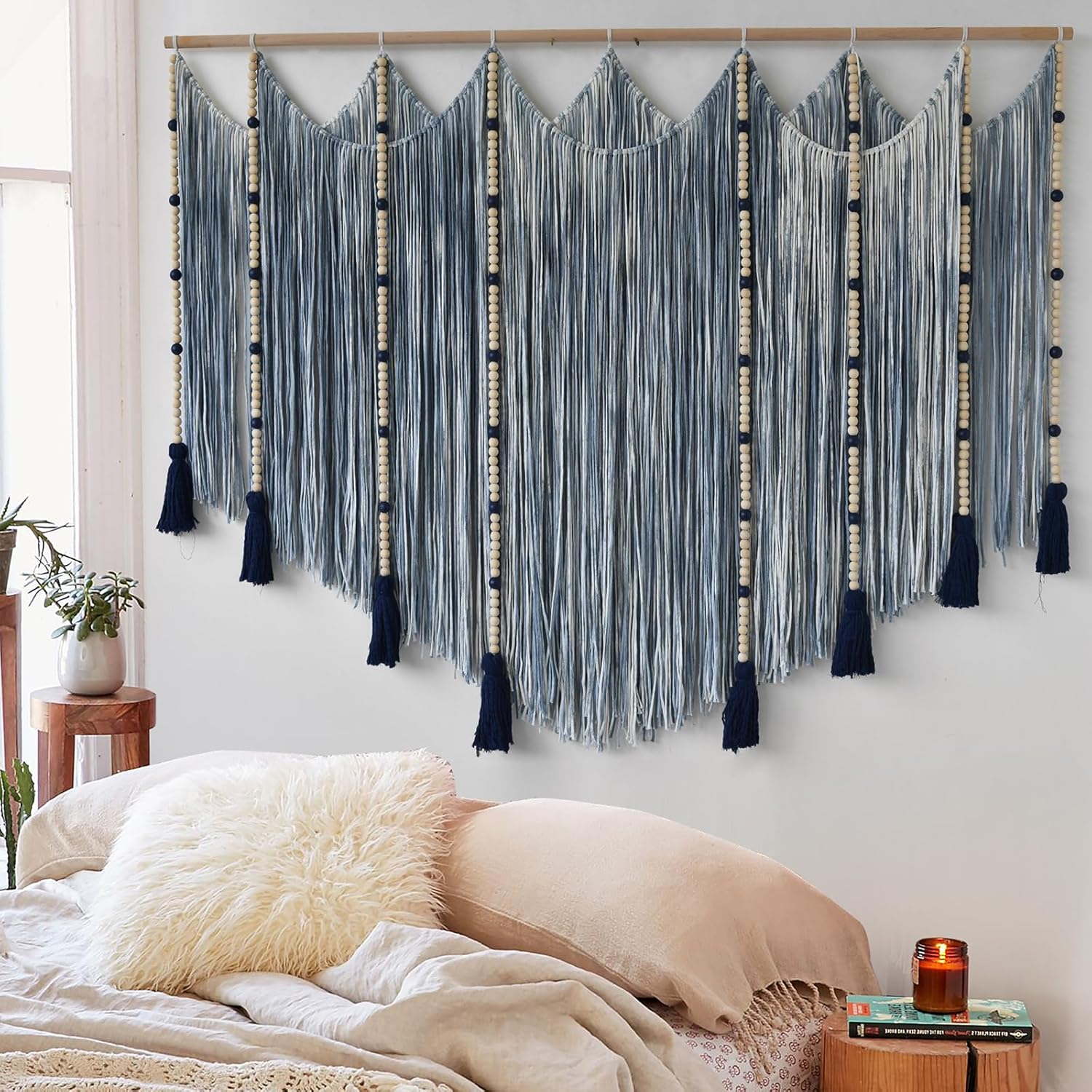 Macrame Wall Hanging Blue dip dye Handcrafted Decorative Art for Living Room Bedroom or Office Boho Chic Modern Wall Decor with Unique Beadwork 57" W × 43" L