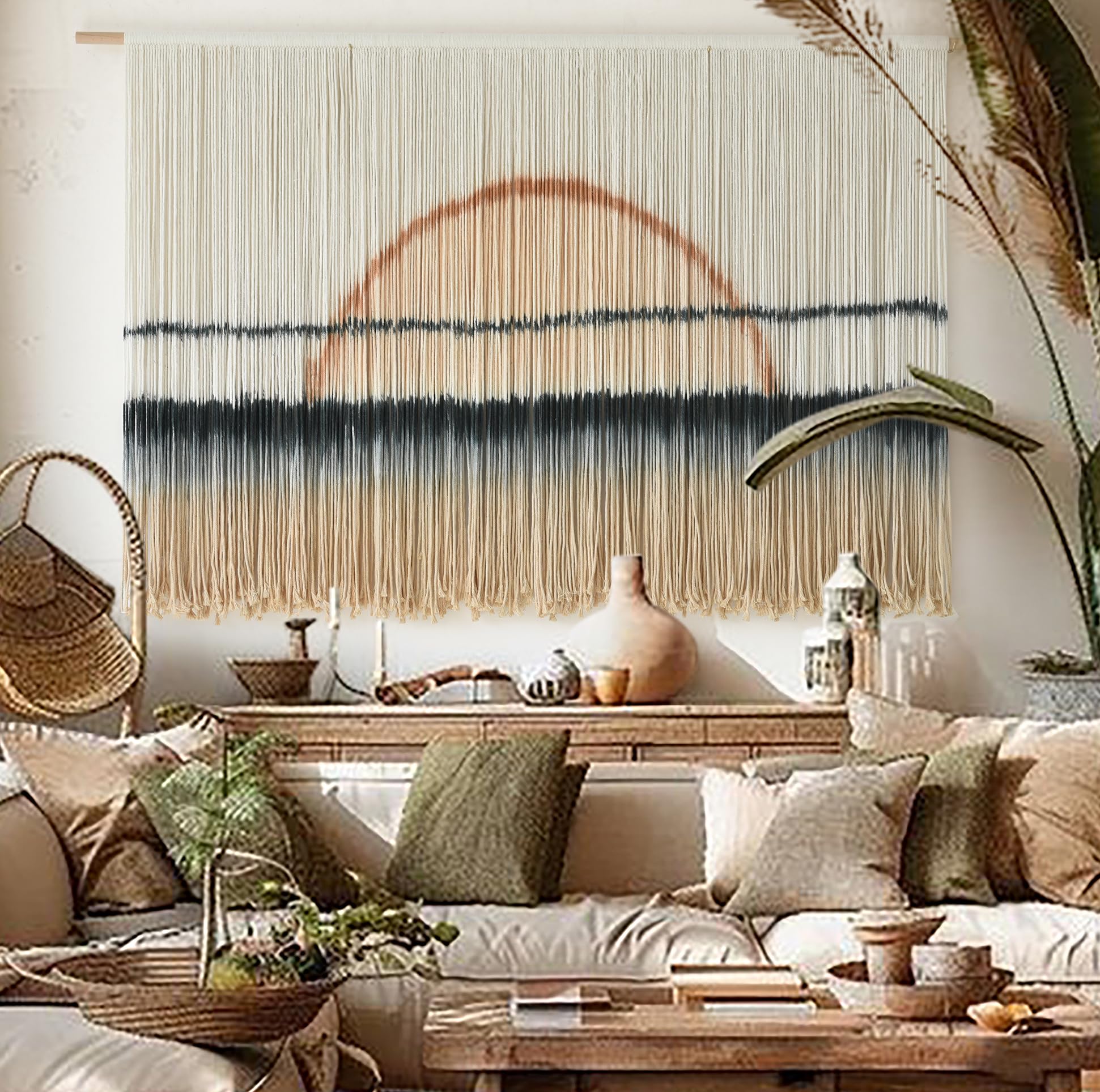 Macrame Wall Hanging Blue dip dye Handcrafted Decorative Art for Living Room Bedroom or Office Boho Chic Modern Wall Decor with Unique Beadwork 57" W × 43" L