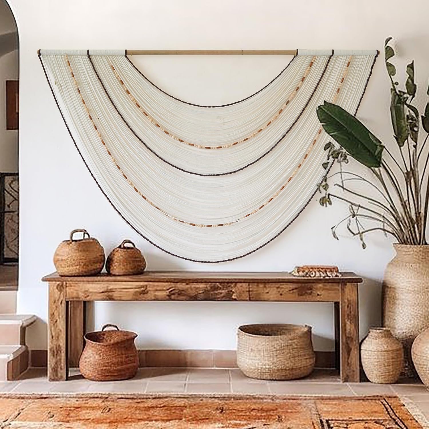 Flber Macrame Wall Hanging Handcrafted Boho Wall Decor Bead Woven Wall Hanging for Bedroom, Living Room, Entryway, Farmhouse or Nursery Bohemian Home Aesthetic 57"x35"