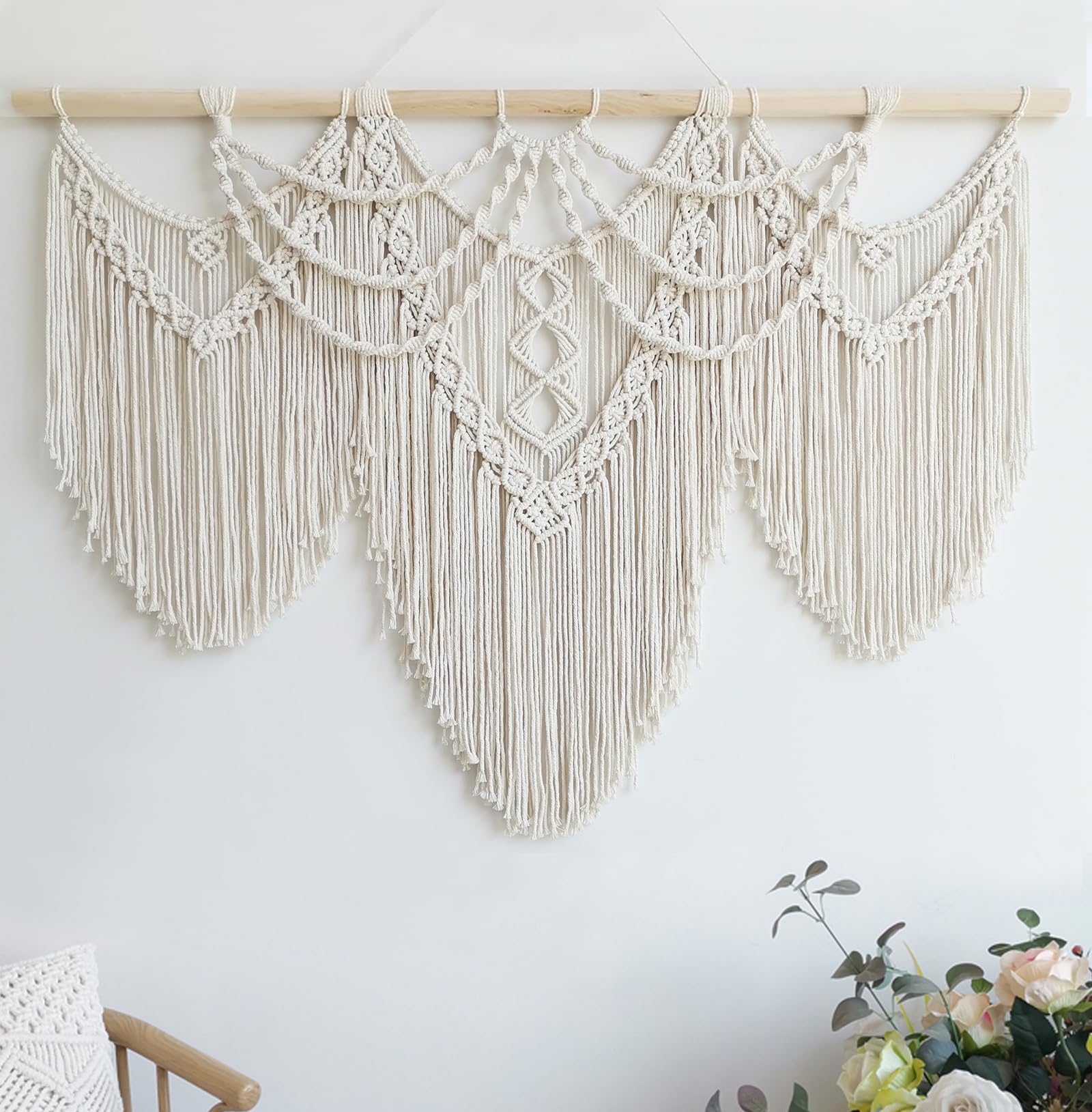 Achart Macrame Wall Hanging Large- Boho Wall Decor- large wall art- Wall Decor Living Room- Macrame Tapestry Boho Decor for Bedroom (Leaf &Wood Bead)