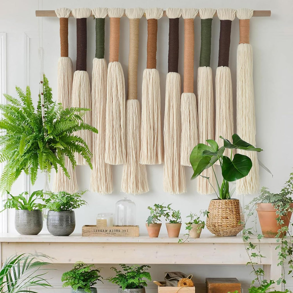 Macrame Wall Hanging Boho Home Decor Handmade Cotton Fiber Art with Neutral Ivory Tassels Modern Bohemian Wall Decor for Living Room Bedroom Apartment 27" W x 22" L