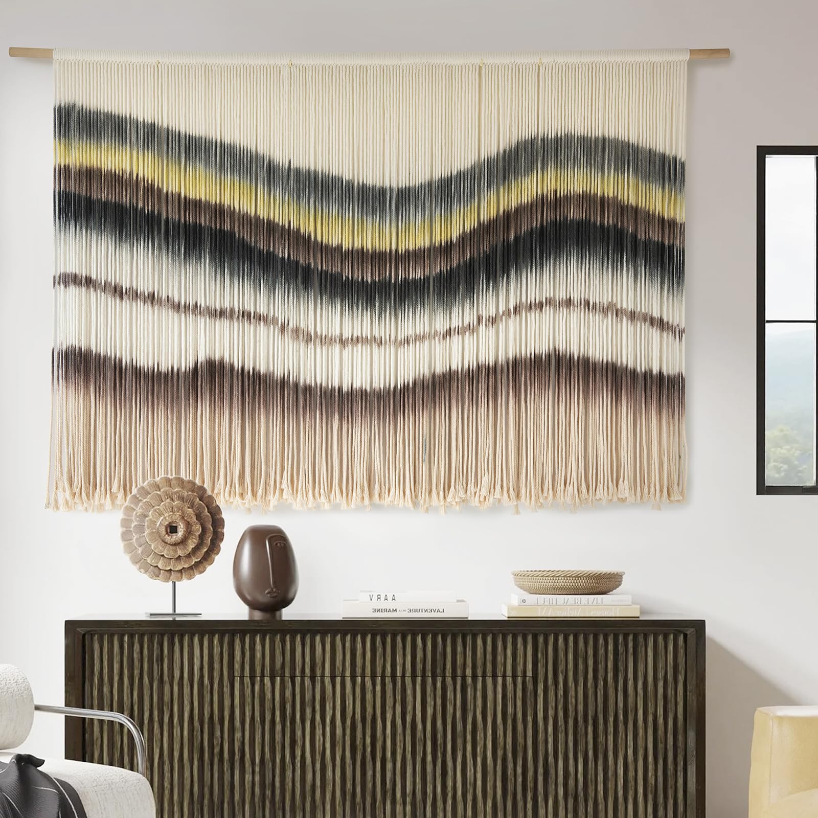 Flber Macrame Wall Hanging Boho Wall Art Beads Tassels Modern for Living Room Bedroom Large Geometric Wall Decor 57" W x 39" L