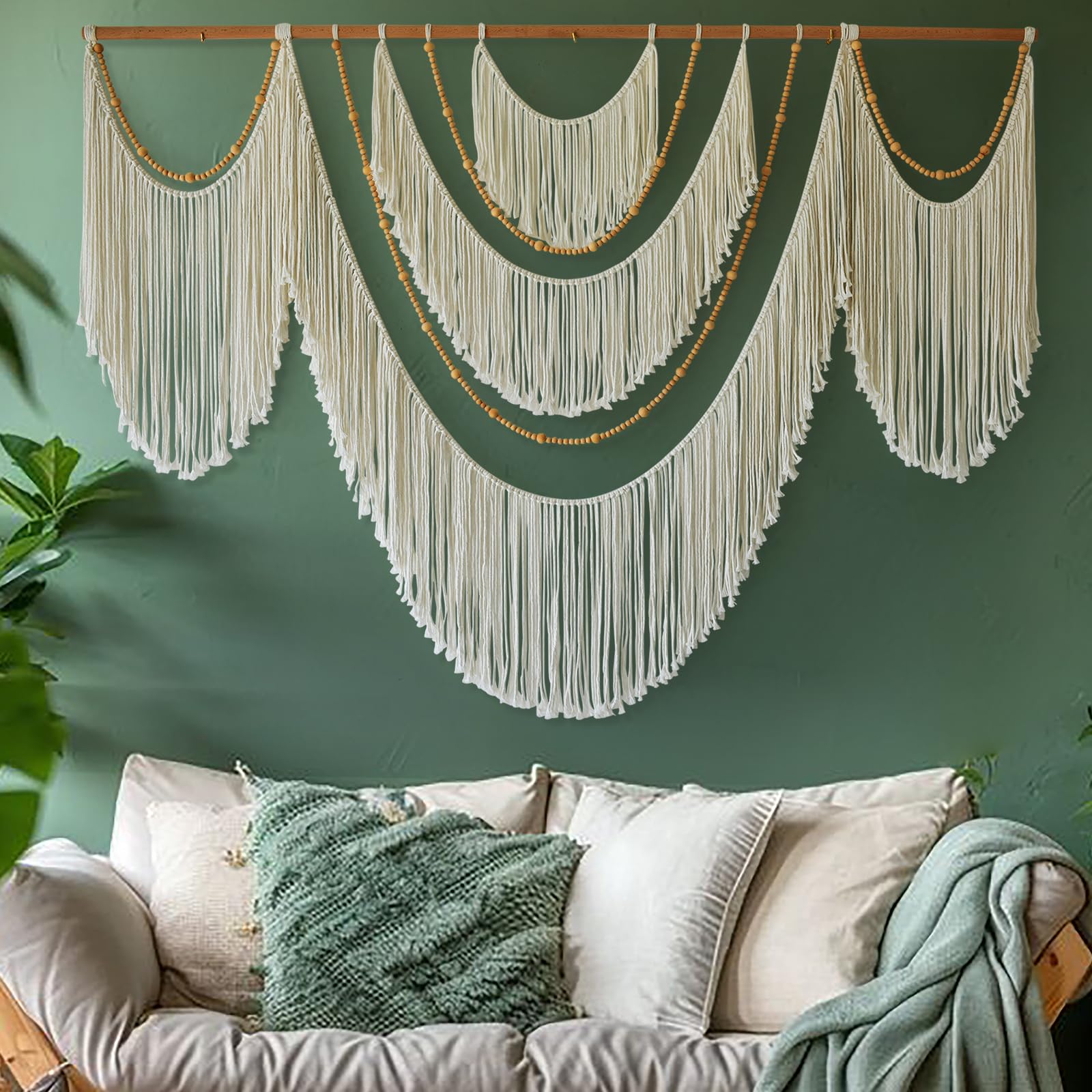 Flber Macrame Wall Hanging Boho Wall Art Beads Tassels Modern for Living Room Bedroom Large Geometric Wall Decor 57" W x 39" L