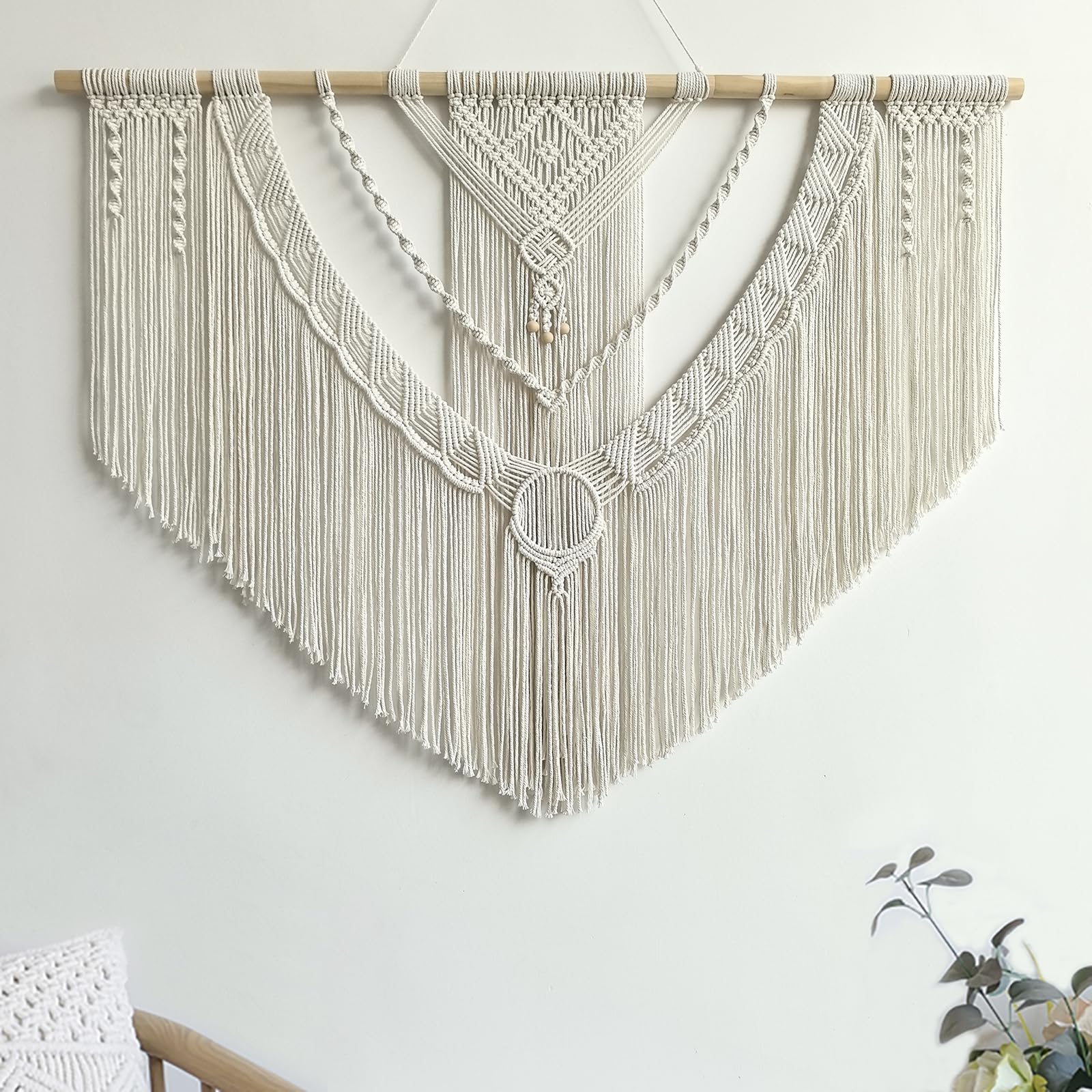 Achart Macrame Wall Hanging Large- Boho Wall Decor- large wall art- Wall Decor Living Room- Macrame Tapestry Boho Decor for Bedroom (Leaf &Wood Bead)