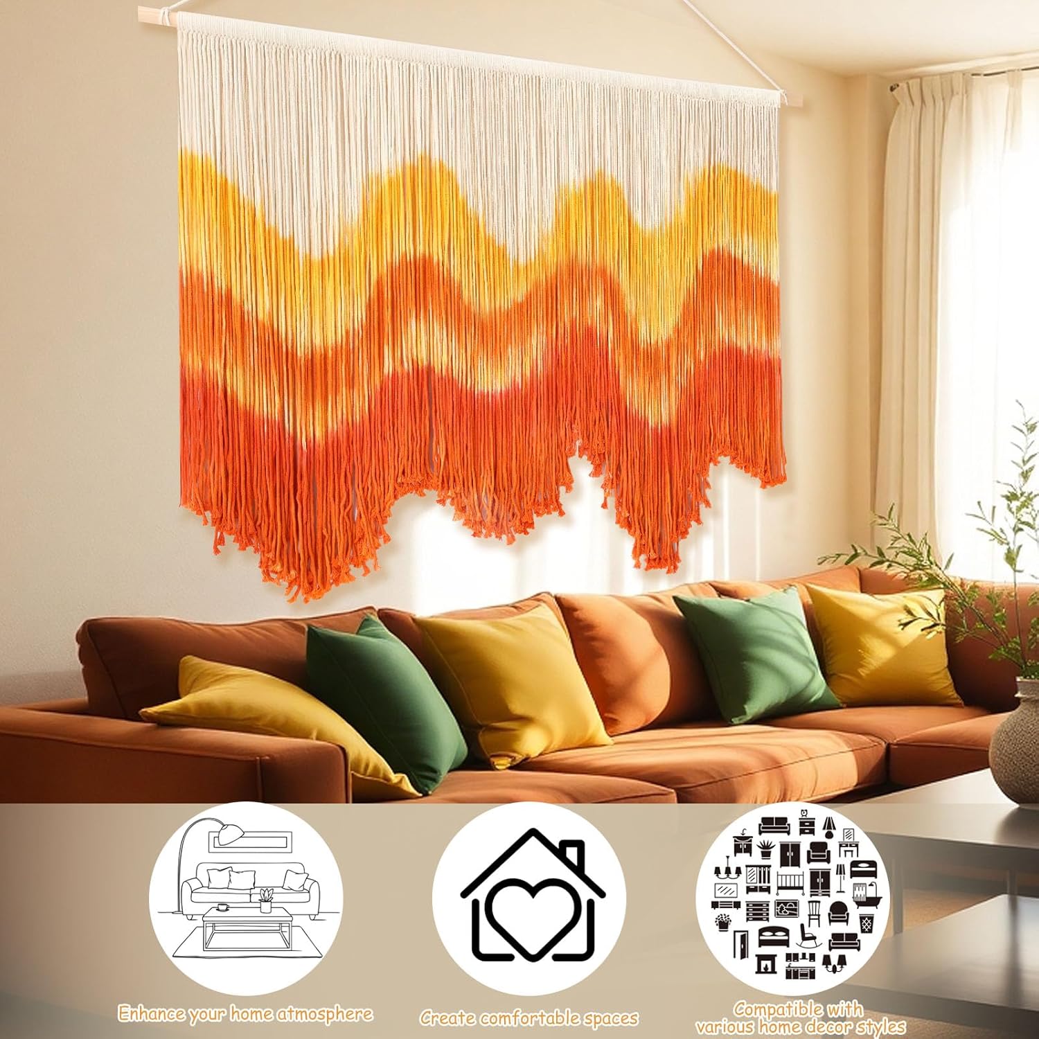 Tiamon Boho Wall Decor - 59''W x 35.4'' L Macrame Wall Hanging Dip-Dye Large Tapestry Art for Home Bathroom Farmhouse Bedroom Living Room Office Natural Modern Rustic Decoration