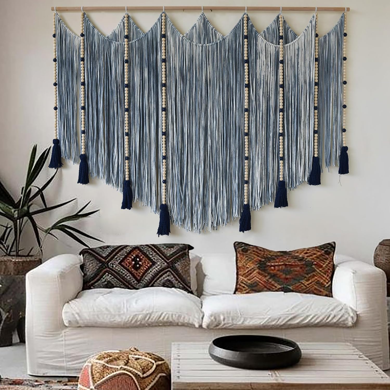 Macrame Wall Hanging Blue dip dye Handcrafted Decorative Art for Living Room Bedroom or Office Boho Chic Modern Wall Decor with Unique Beadwork 57" W × 43" L