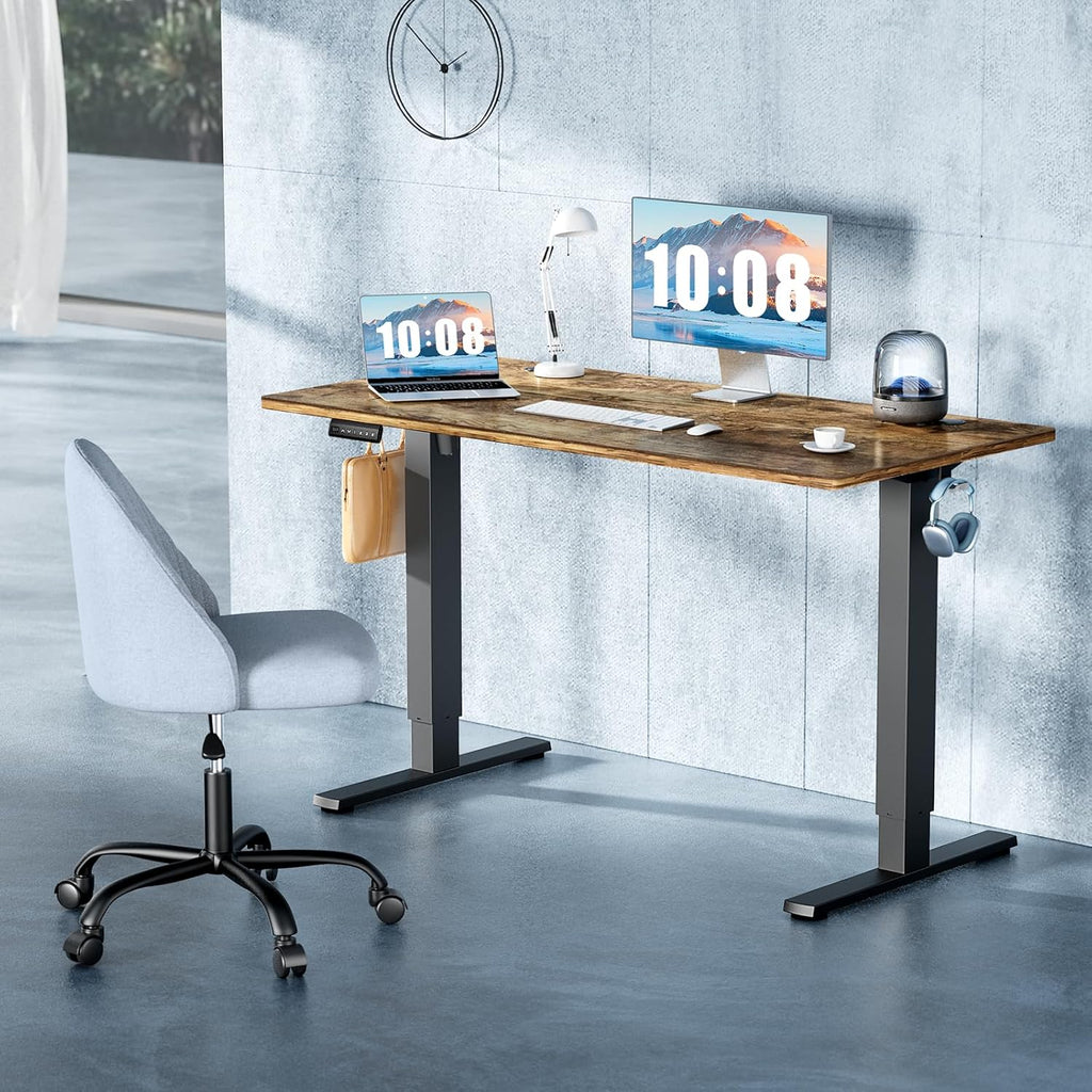 DUMOS 63 Inch Electric Standing Desk Height Adjustable, Sit to Stand Computer Workstations Large Work PC Table Home Office Writing Gaming Desks with Memory Presets for Walking Pad, Bedroom, Rustic