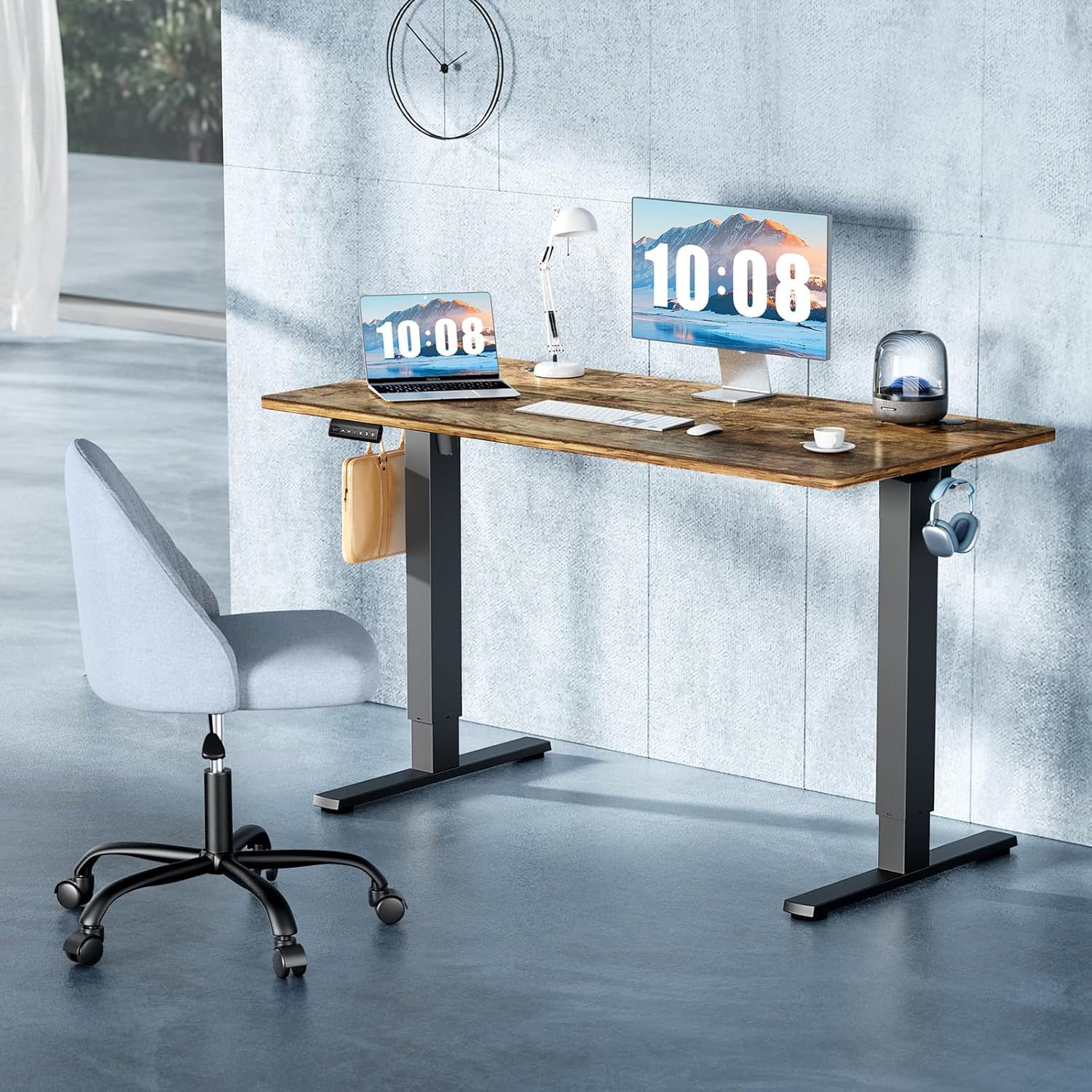 DUMOS 63 Inch Electric Standing Desk Height Adjustable, Sit to Stand Computer Workstations Large Work PC Table Home Office Writing Gaming Desks with Memory Presets for Walking Pad, Bedroom, Rustic