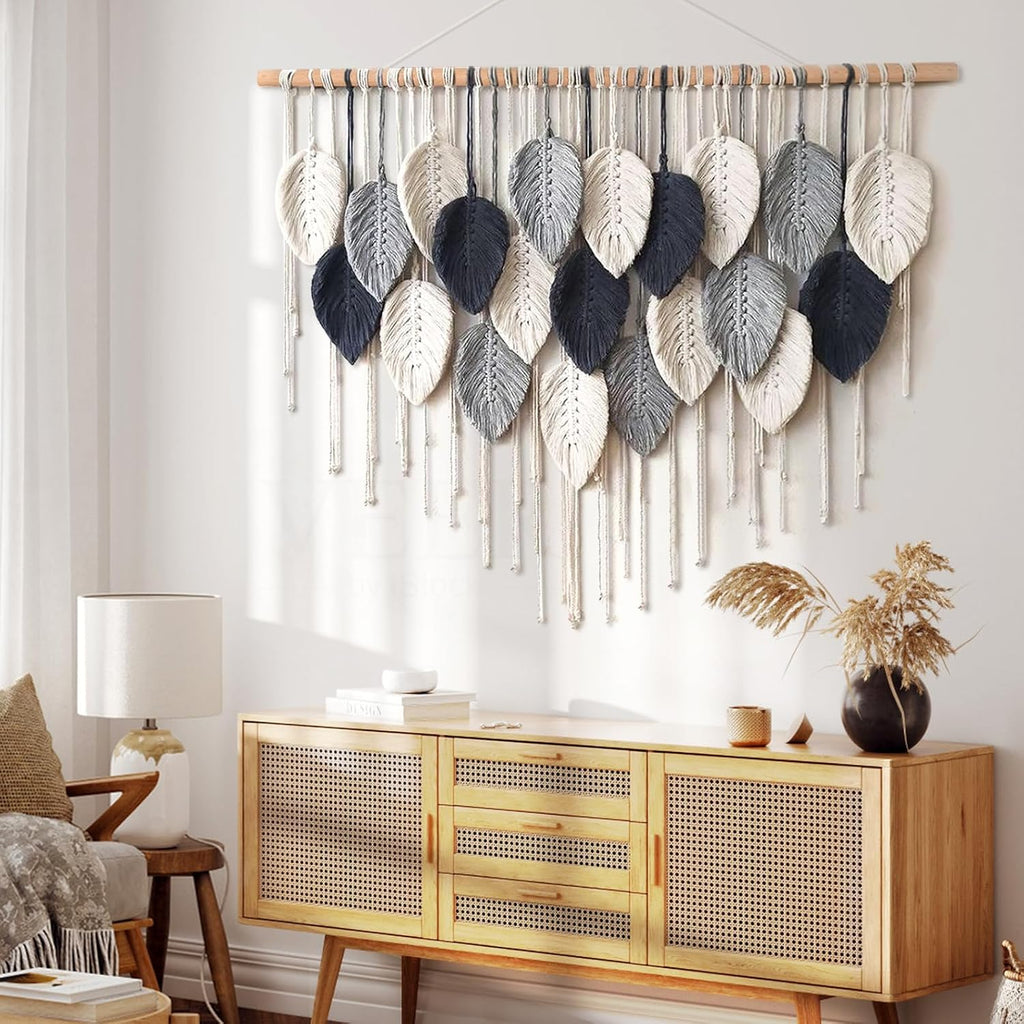 Weldomcor Macrame Wall Hanging Leaf Woven Tapestry Bohemian Chic Wall Hanging Feather Large Handmade Wall Art Decor for Bedroom Living Room Apartment Ornament, 39 inch