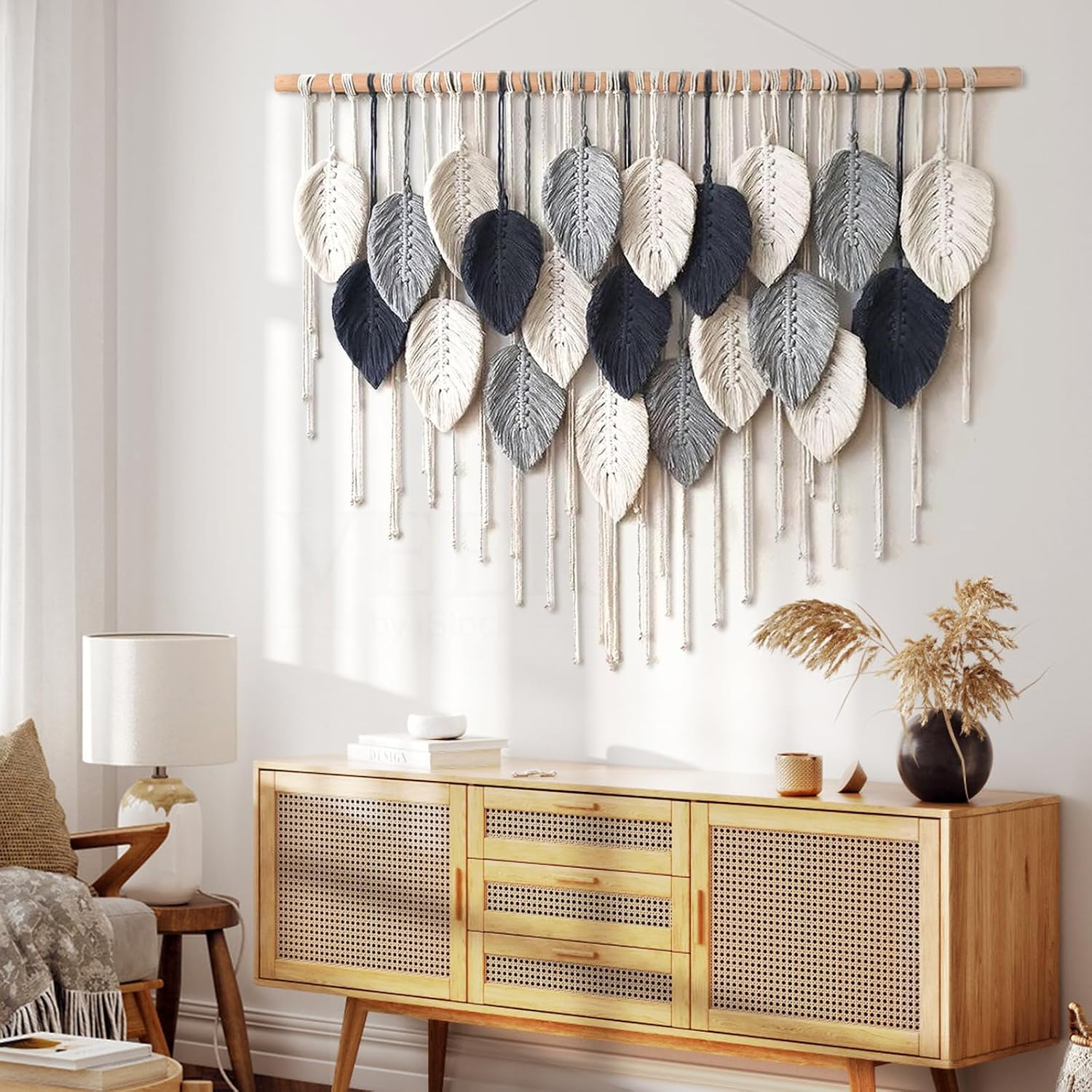 Weldomcor Macrame Wall Hanging Leaf Woven Tapestry Bohemian Chic Wall Hanging Feather Large Handmade Wall Art Decor for Bedroom Living Room Apartment Ornament, 39 inch