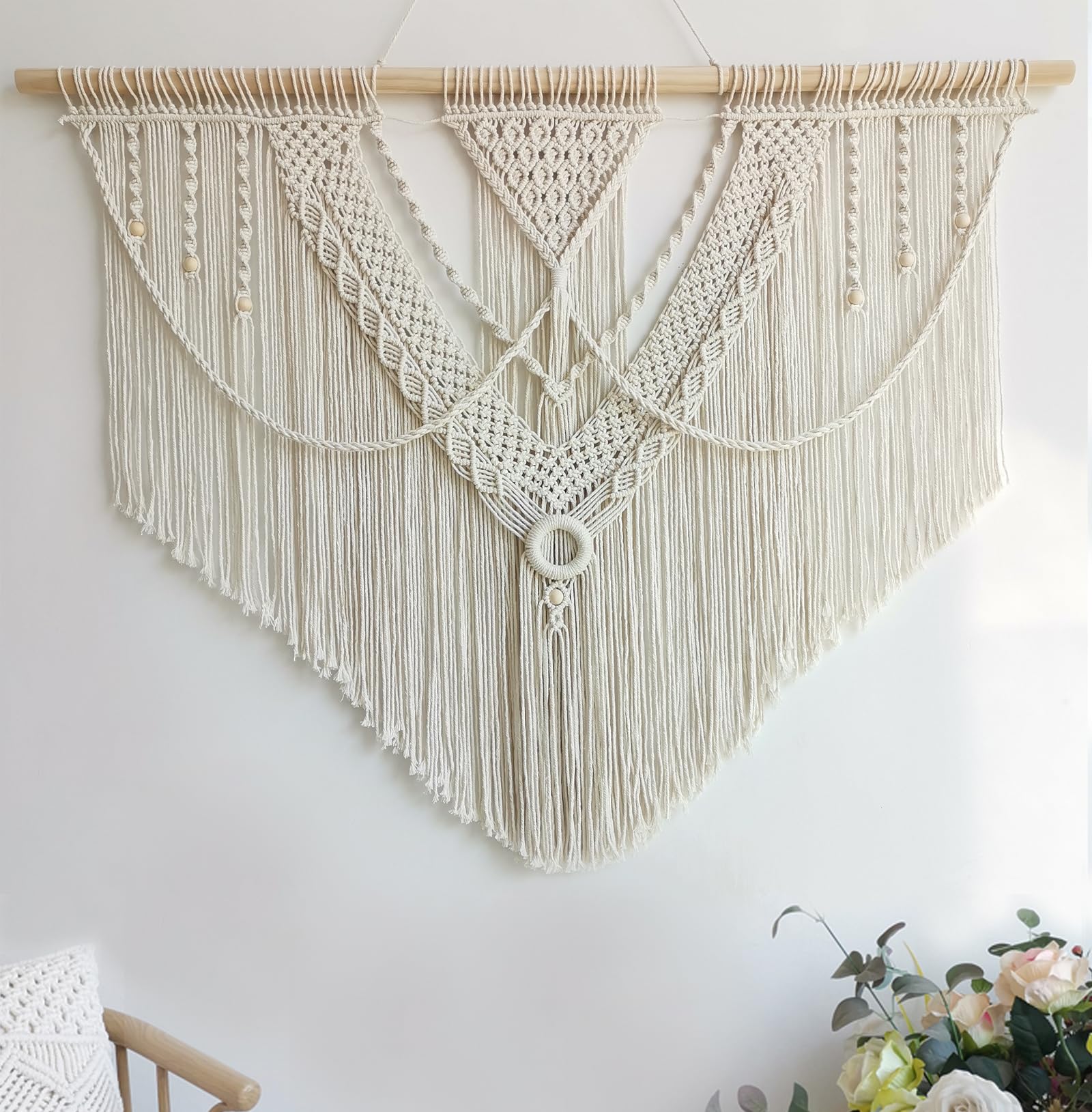Achart Macrame Wall Hanging Large- Boho Wall Decor- large wall art- Wall Decor Living Room- Macrame Tapestry Boho Decor for Bedroom (Leaf &Wood Bead)