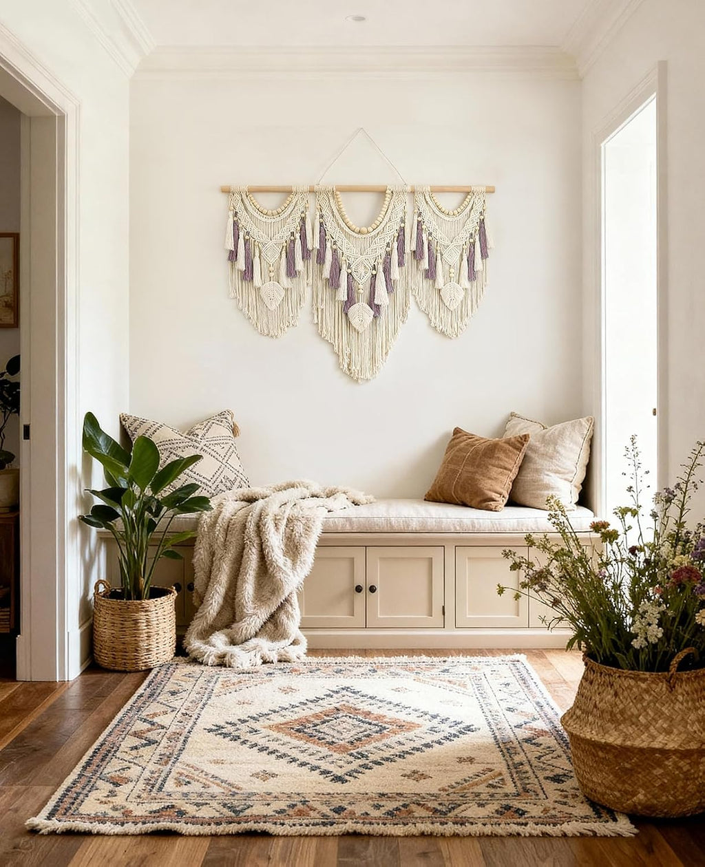 Tempospark Large Macrame Wall Hanging, 43" Wx32 L Boho Wall Hangings for Living Room Bedroom Nursery, Boho Chic Large Macrame Tapestry for Bedroom Wall Decor (Leaf Bead)