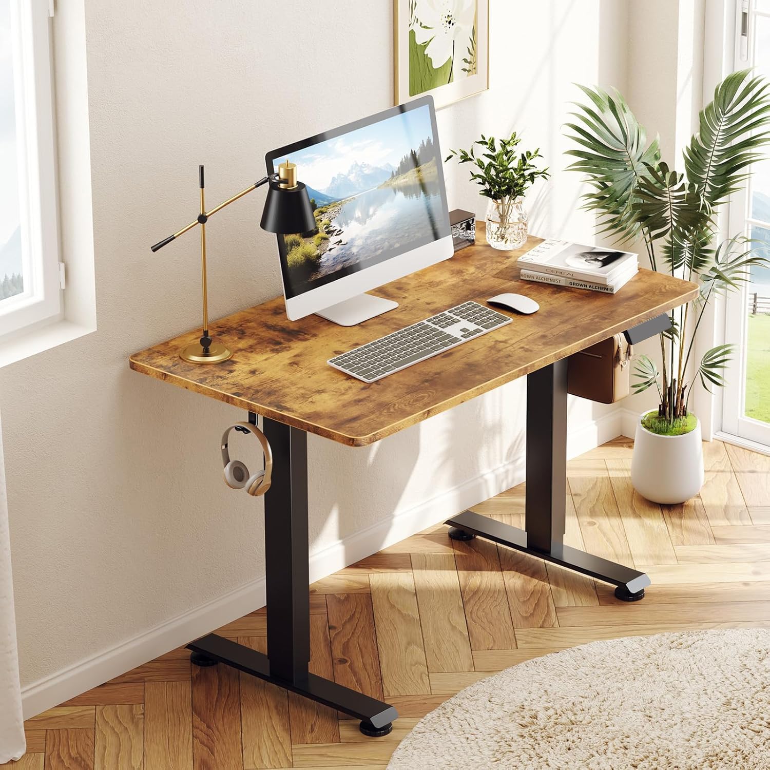 Veken 47.2" Standing Desk, Adjustable Height Office Desk with Wood Desktop, Computer Table for Home Work, Study and Gaming, Small Spaces, Modern Furniture, Black