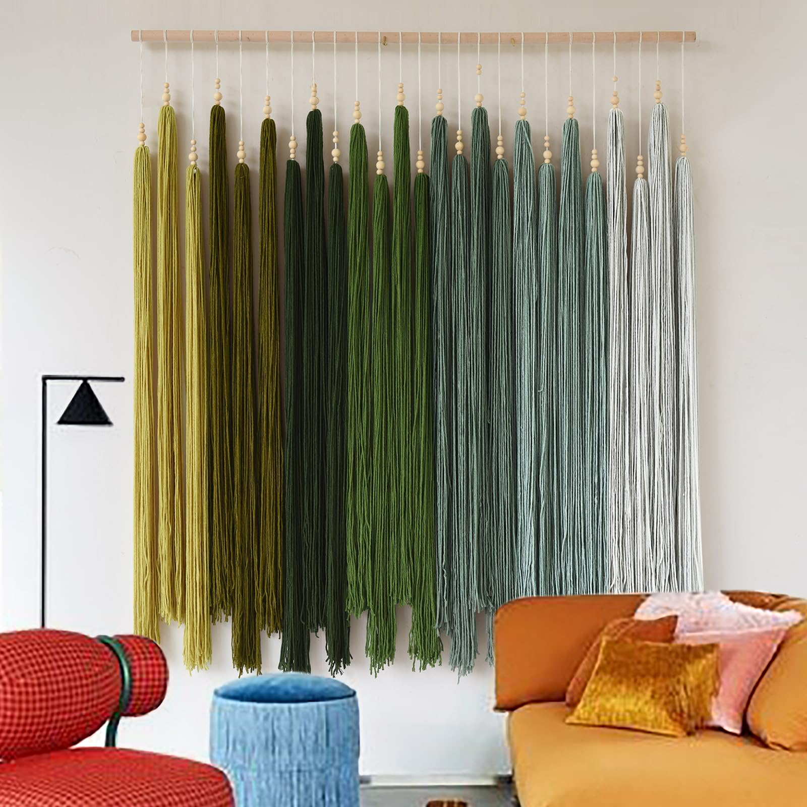 IOWER Large Macrame Wall Hanging Green Boho Decor Macrame Beads Yarn Fiber Art Beaded Tassel Home Decor For Bedroom Living room 39" W x 55" L