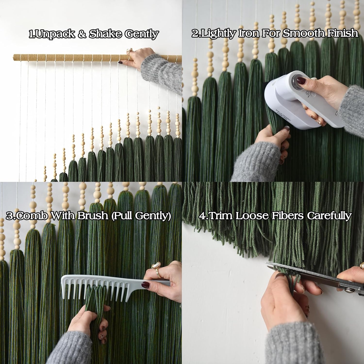 IOWER Large Macrame Wall Hanging Green Boho Decor Macrame Beads Yarn Fiber Art Beaded Tassel Home Decor For Bedroom Living room 39" W x 55" L