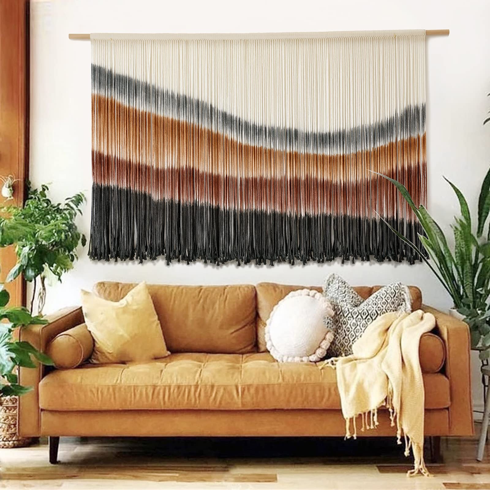 Flber Macrame Wall Hanging Boho Wall Art Beads Tassels Modern for Living Room Bedroom Large Geometric Wall Decor 57" W x 39" L