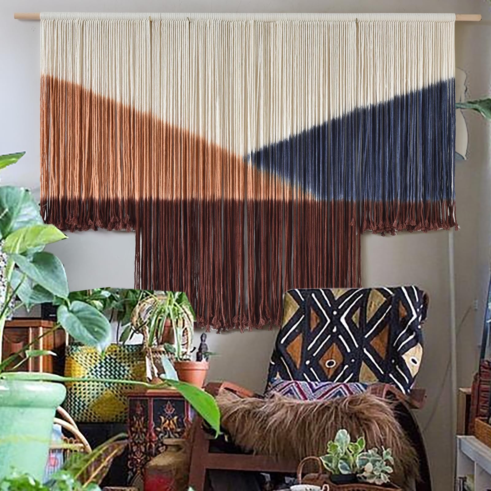 Macrame Wall Hanging Blue dip dye Handcrafted Decorative Art for Living Room Bedroom or Office Boho Chic Modern Wall Decor with Unique Beadwork 57" W × 43" L