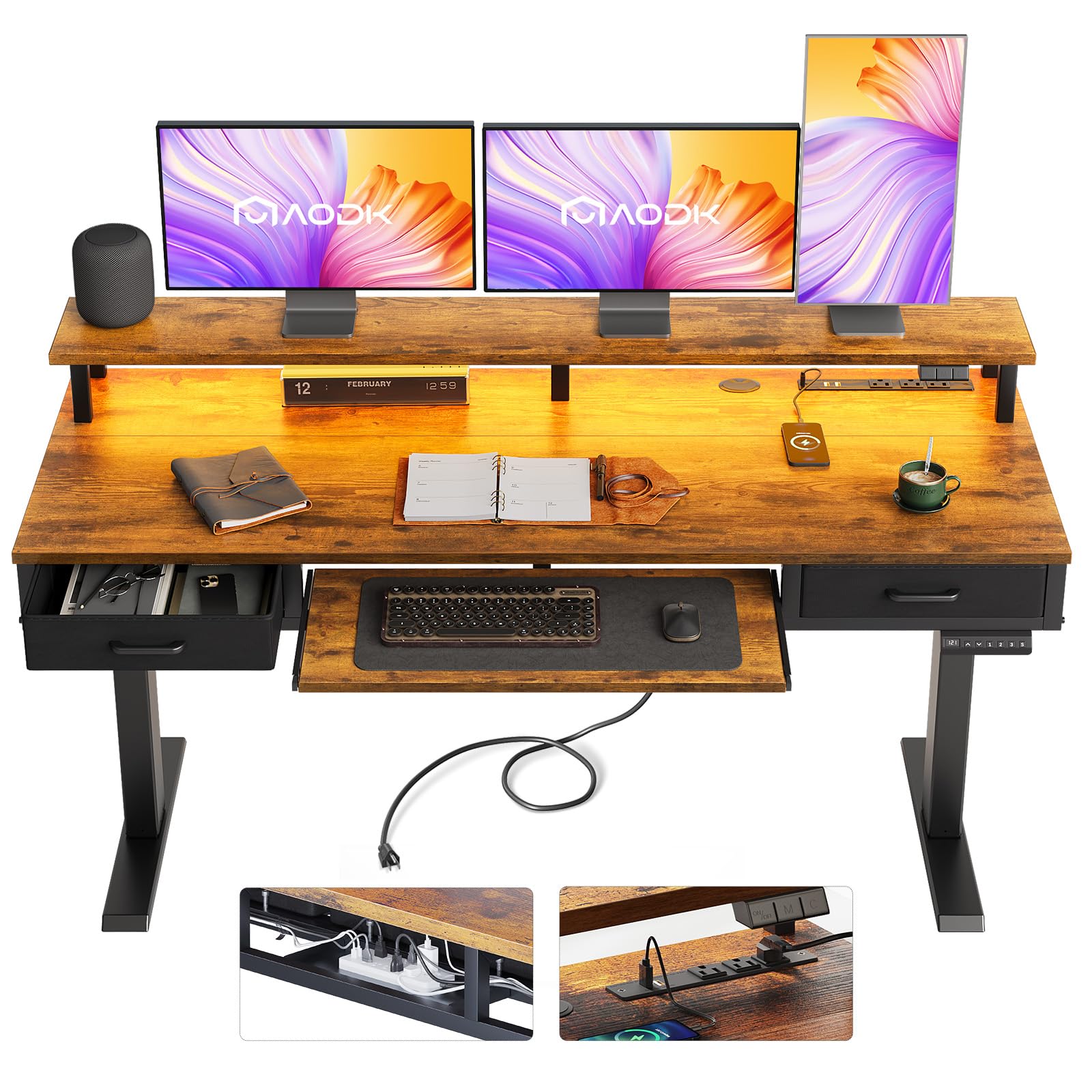 AODK Electric Standing Desk with Drawers & Keyboard Tray, 55 Inch Height Adjustable Gaming Desk with Power Outlets & LED Lights, Sit Stand Table with Monitor Stand for Home, Office, Rustic Brown
