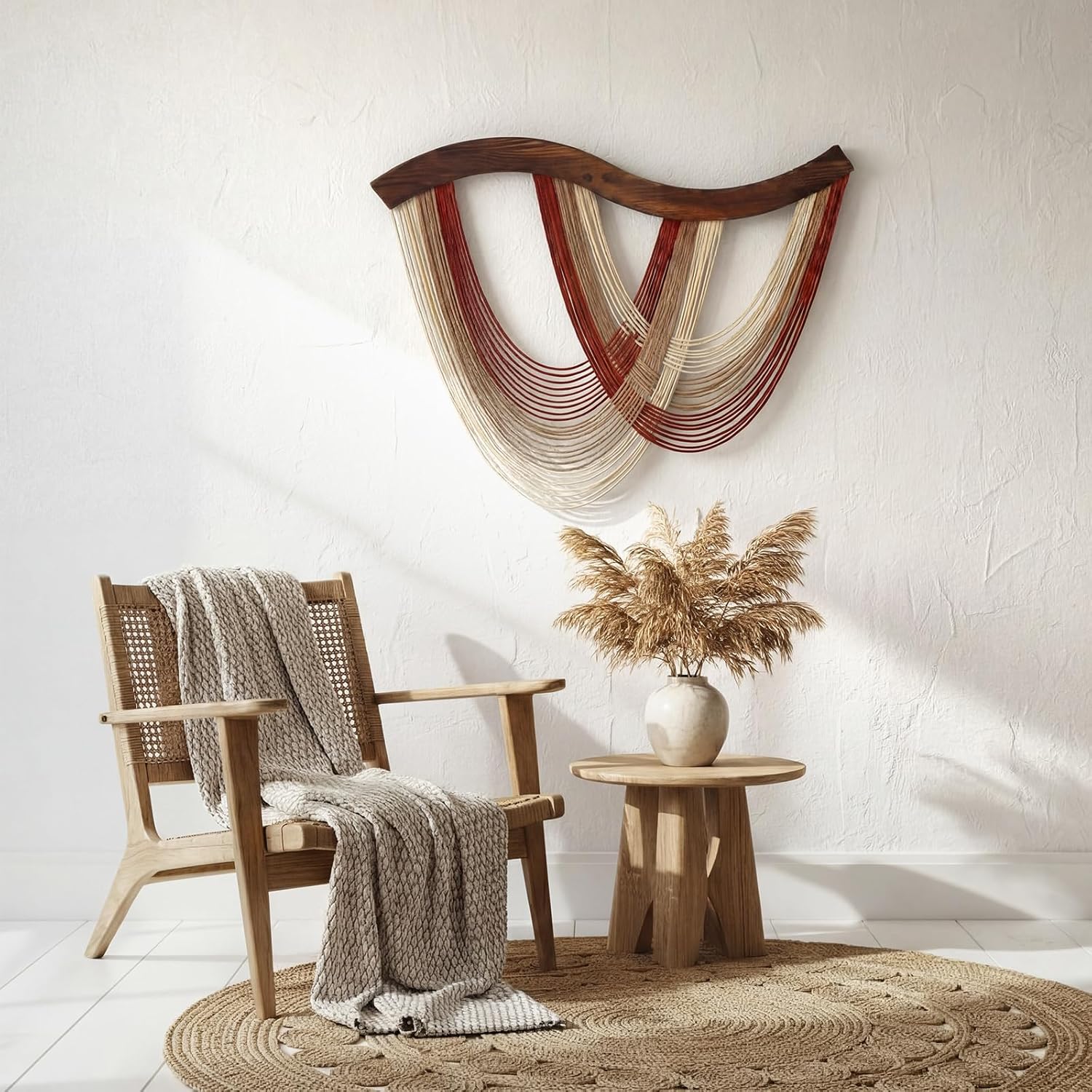 Mindsoft Warm Neutral Macrame Wall Hanging Dip Dyed Yarn Wall Art, Modern Boho Decor Handmade Cotton Rope Tapestry for Bedroom, Living Room, Nursery, 31.5 x 23.6 Inch