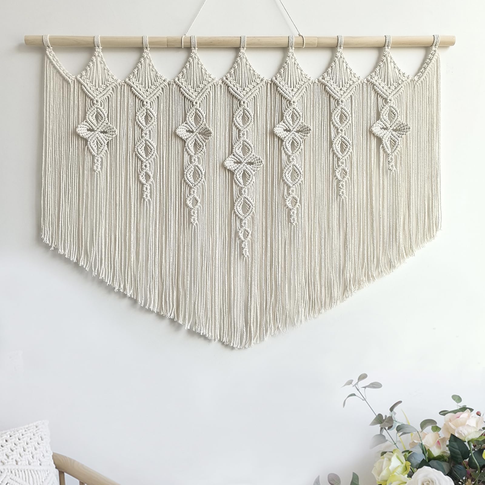 Achart Macrame Wall Hanging Large- Boho Wall Decor- large wall art- Wall Decor Living Room- Macrame Tapestry Boho Decor for Bedroom (Leaf &Wood Bead)