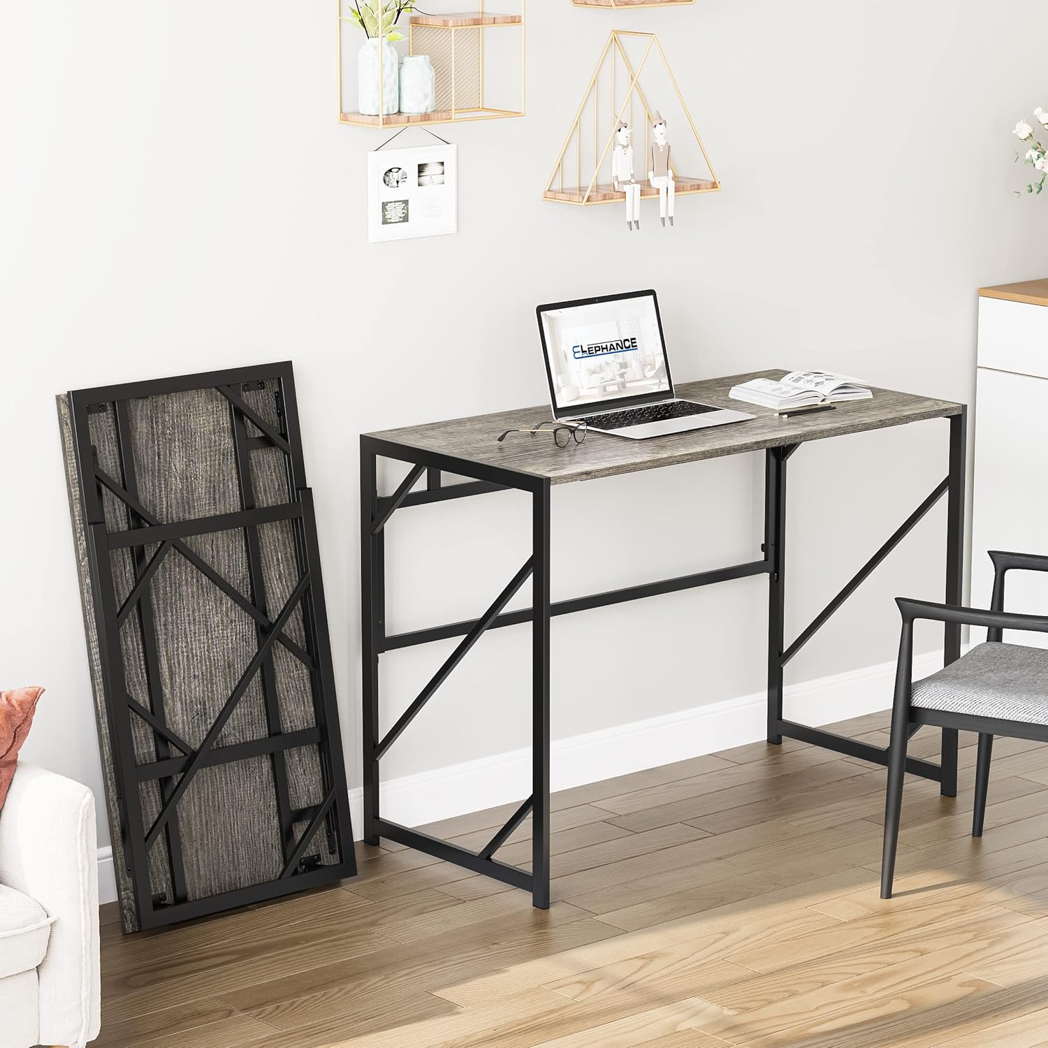 Elephance Folding Desk Writing Computer Desk for Home Office, No-Assembly Study Office Desk Foldable Table for Small Spaces