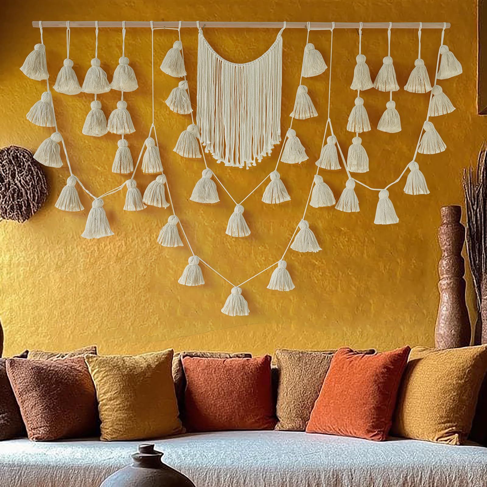 Macrame Wall Hanging Blue dip dye Handcrafted Decorative Art for Living Room Bedroom or Office Boho Chic Modern Wall Decor with Unique Beadwork 57" W × 43" L