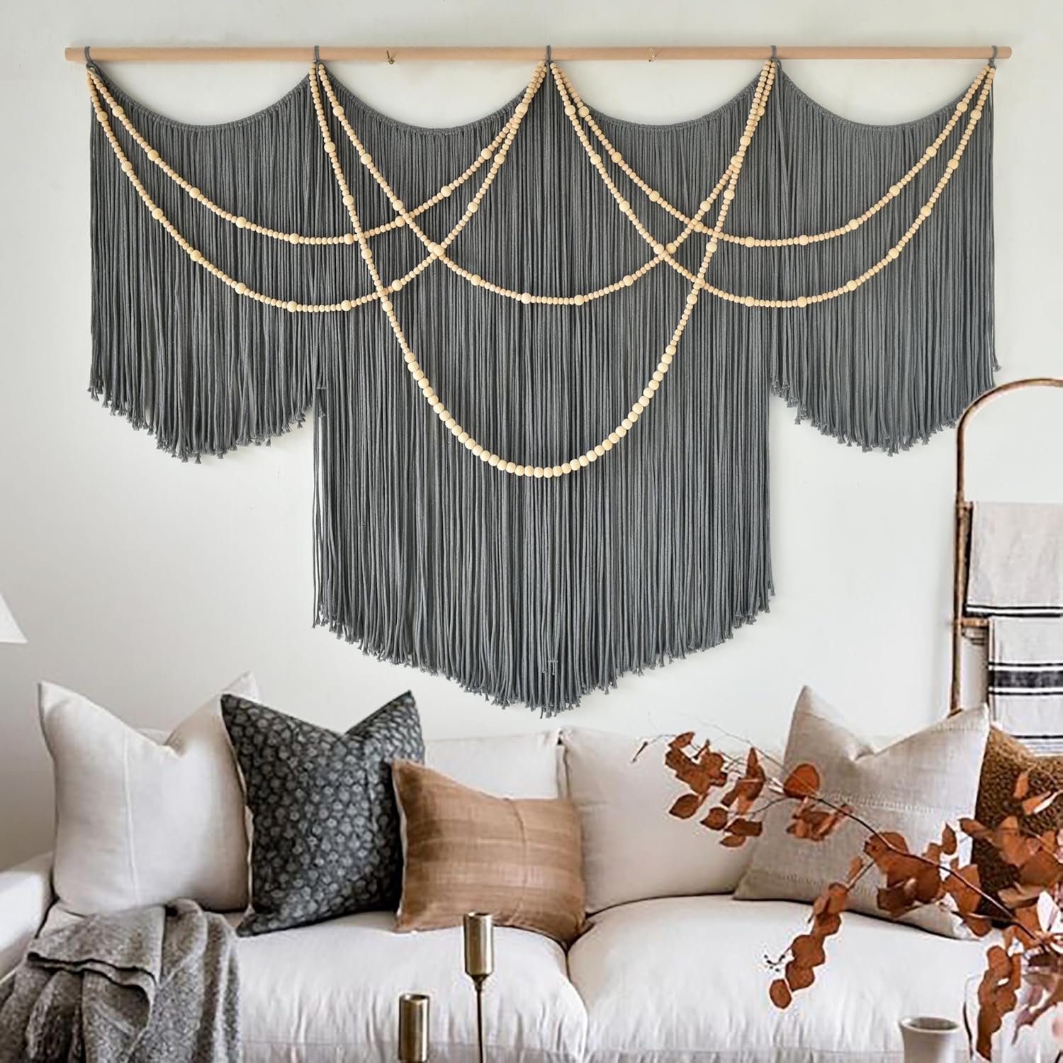 Flber Macrame Wall Hanging Boho Wall Art Beads Tassels Modern for Living Room Bedroom Large Geometric Wall Decor 57" W x 39" L