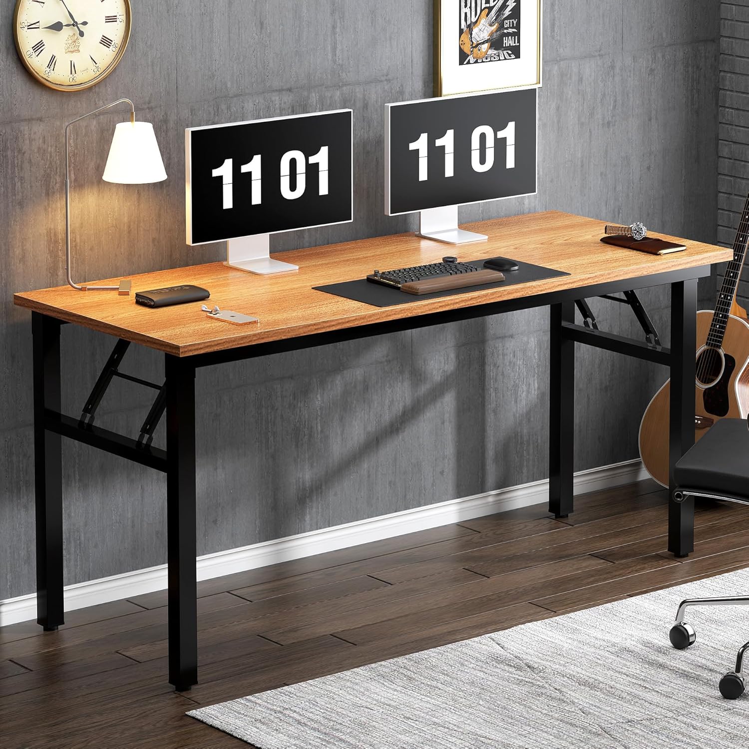 Need Folding Desk, 54 inch Large Computer Desk for Home Office, No Install Needed Study Student Writing Table Desk Workstation, Teak Black