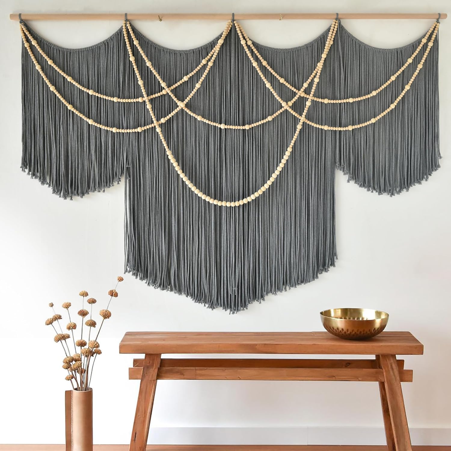 Flber Macrame Wall Hanging Boho Wall Art Beads Tassels Modern for Living Room Bedroom Large Geometric Wall Decor 57" W x 39" L